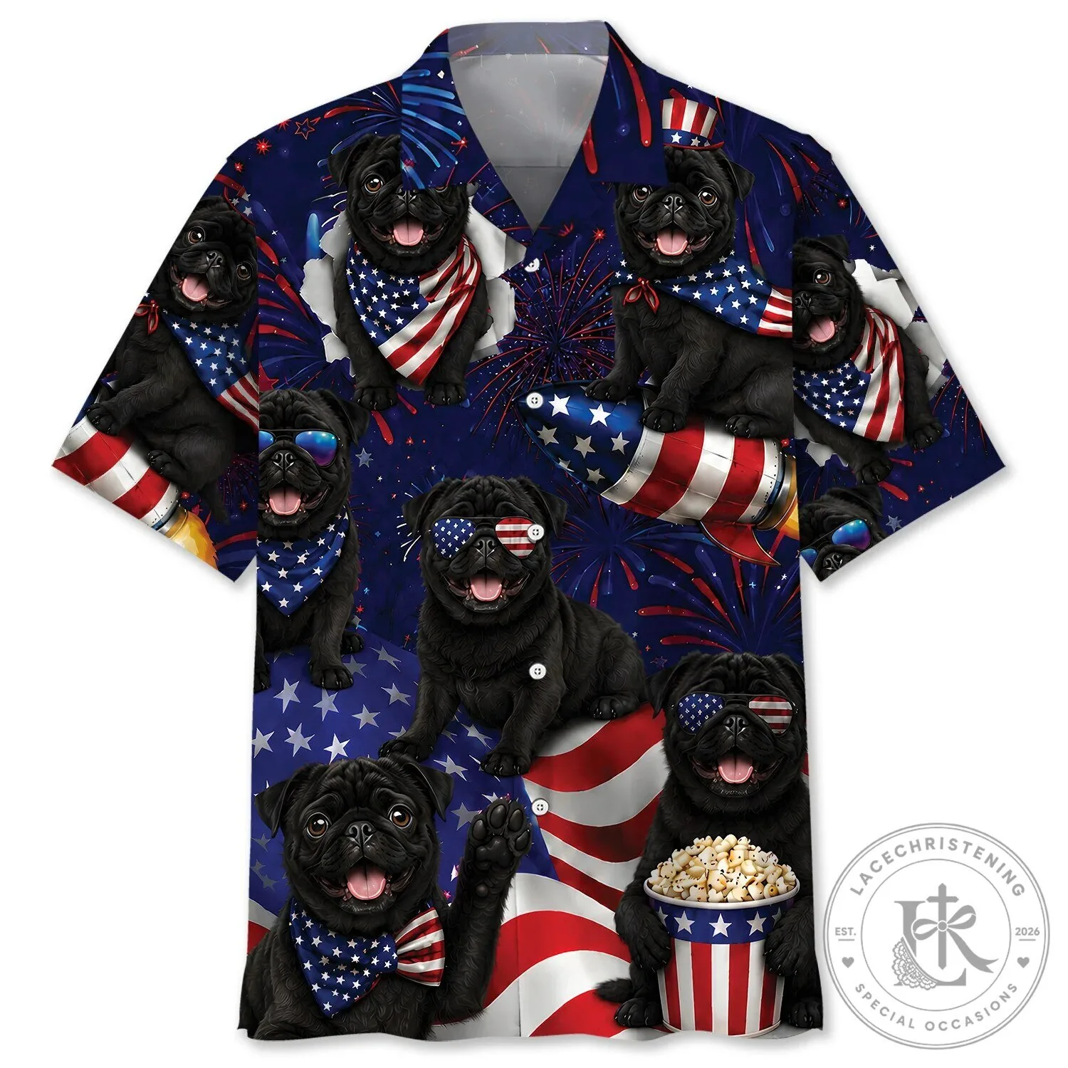 Fourth of July Black Pug Dog American Flag Hawaiian Shirt