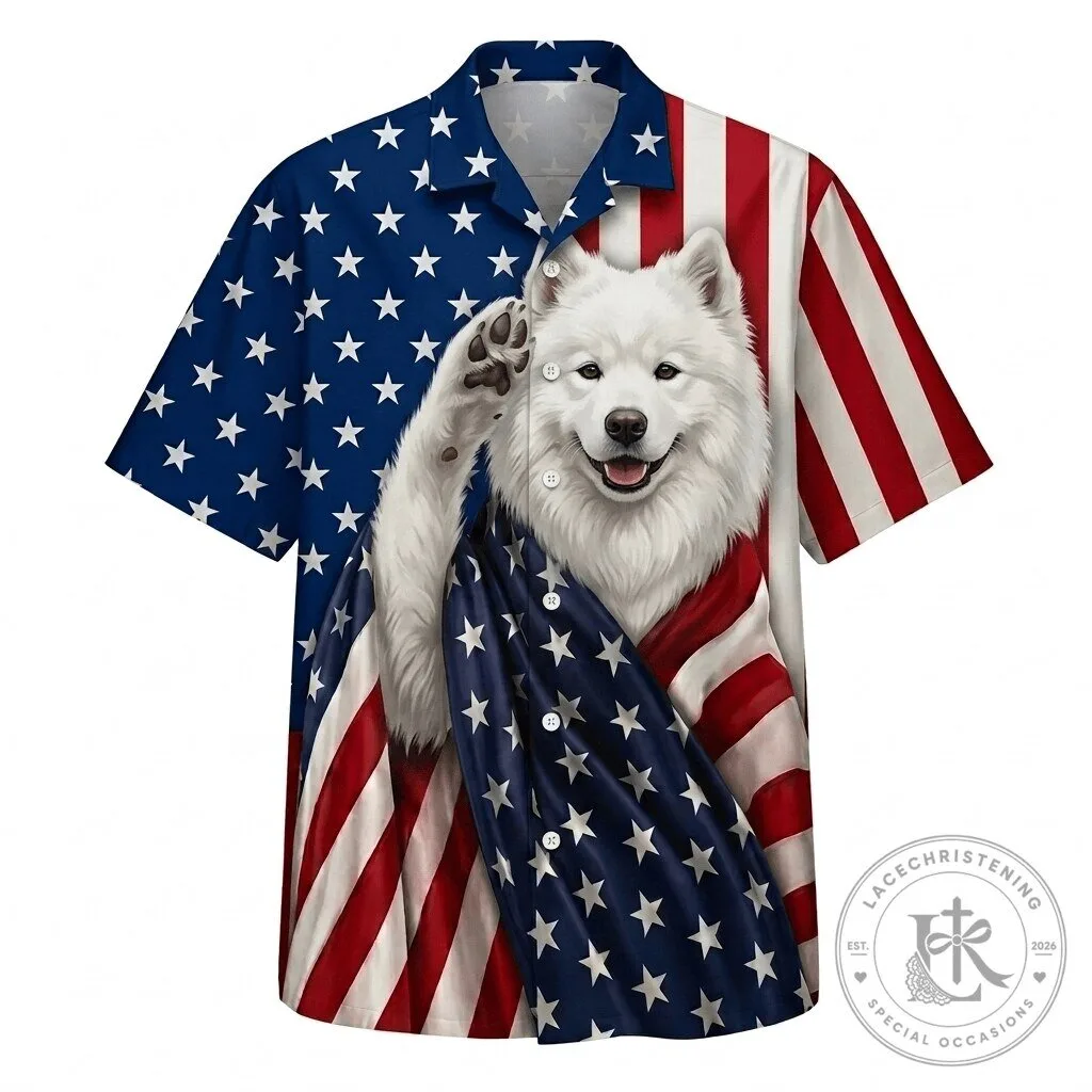 Samoyed Dog American Flag Patriotic Hawaiian Shirt