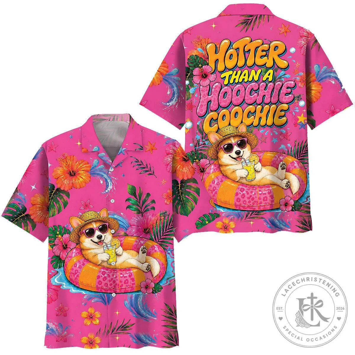 Hotter Than A Hoochie Coochie Corgi Dog Pink Hawaiian Shirt