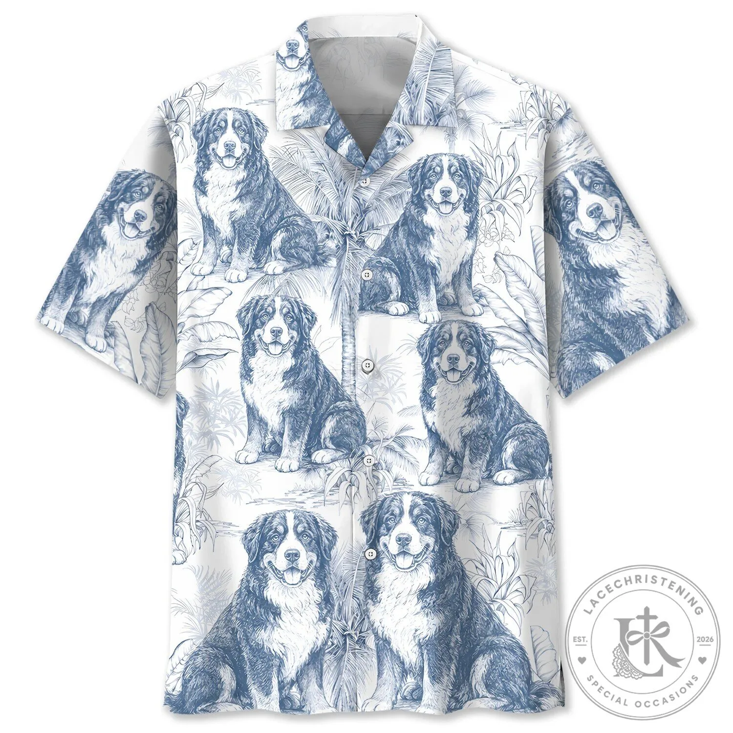 Bernese Mountain Dog Tropical Pattern Blue and White Hawaiian Shirt
