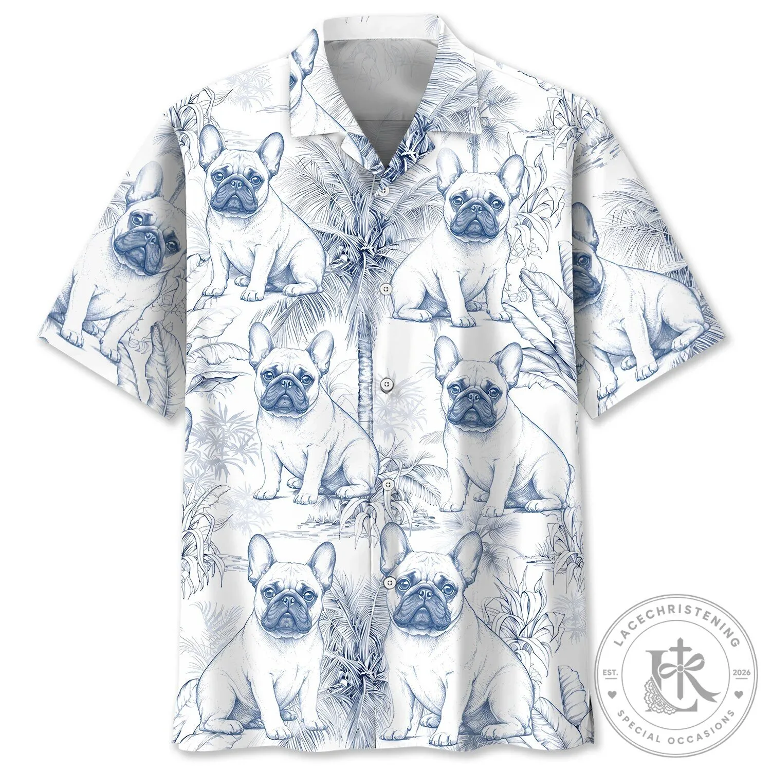 French Bulldog Tropical Palm Tree Pattern White Hawaiian Shirt