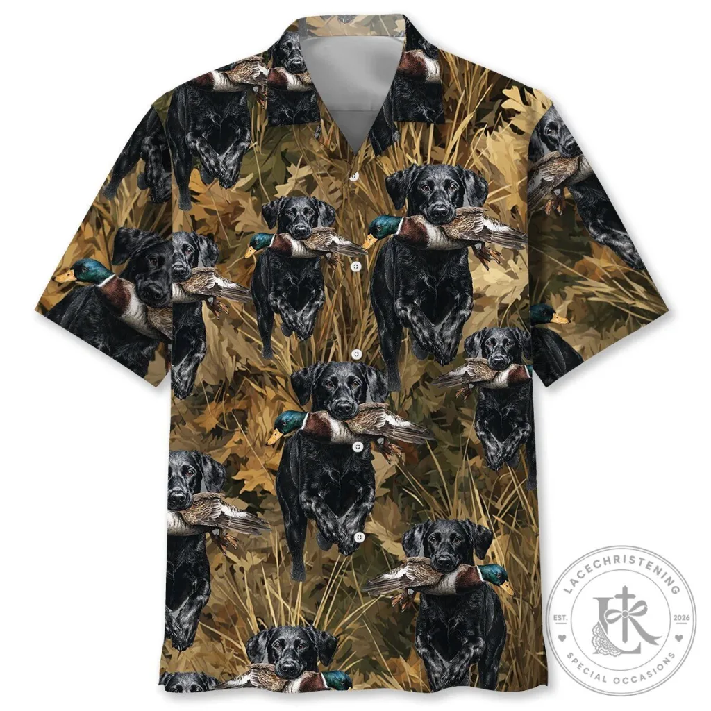 Hawaiian Shirt in Camouflage for Duck Hunting Featuring a Black Labrador Retriever Hawaiian Shirt in Camouflage for Duck Hunting Featuring a Black Labrador Retriever