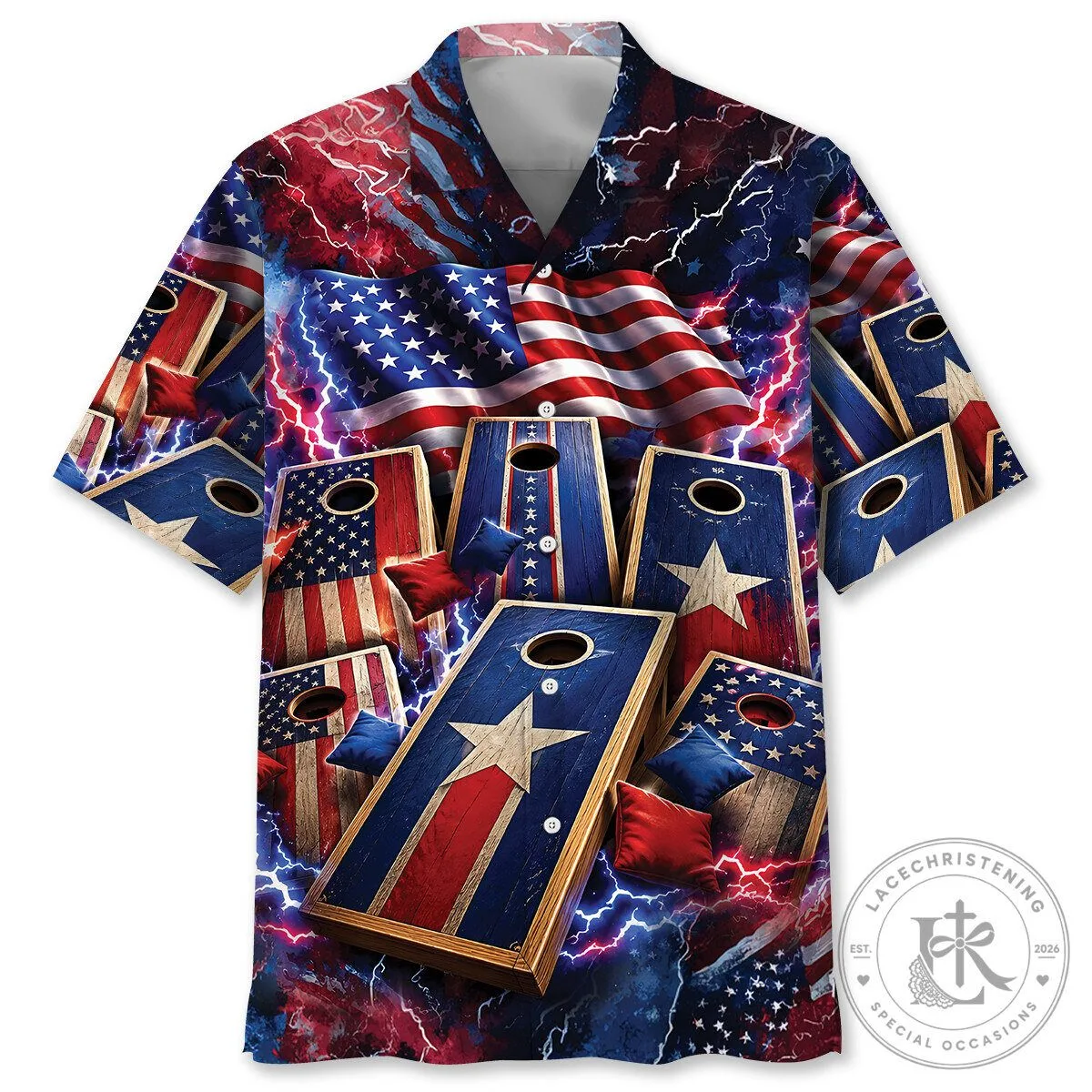 American Flag Cornhole Boards Patriotic Lightning Storm Hawaiian Shirt