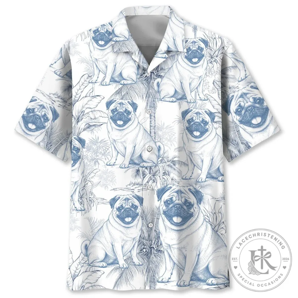 Cute Pug Dog Pattern White and Blue Tropical Hawaiian Shirt for Men Cute Pug Dog Pattern White and Blue Tropical Hawaiian Shirt for Men