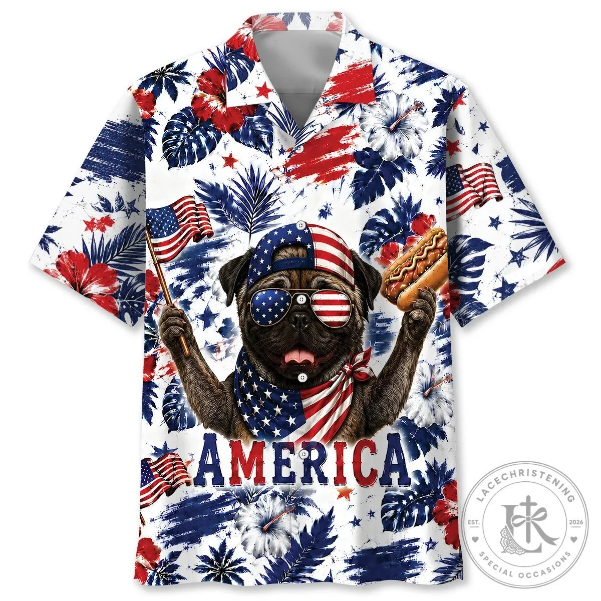 America Brindle Pug Dog Fourth of July Patriotic Hawaiian Shirt
