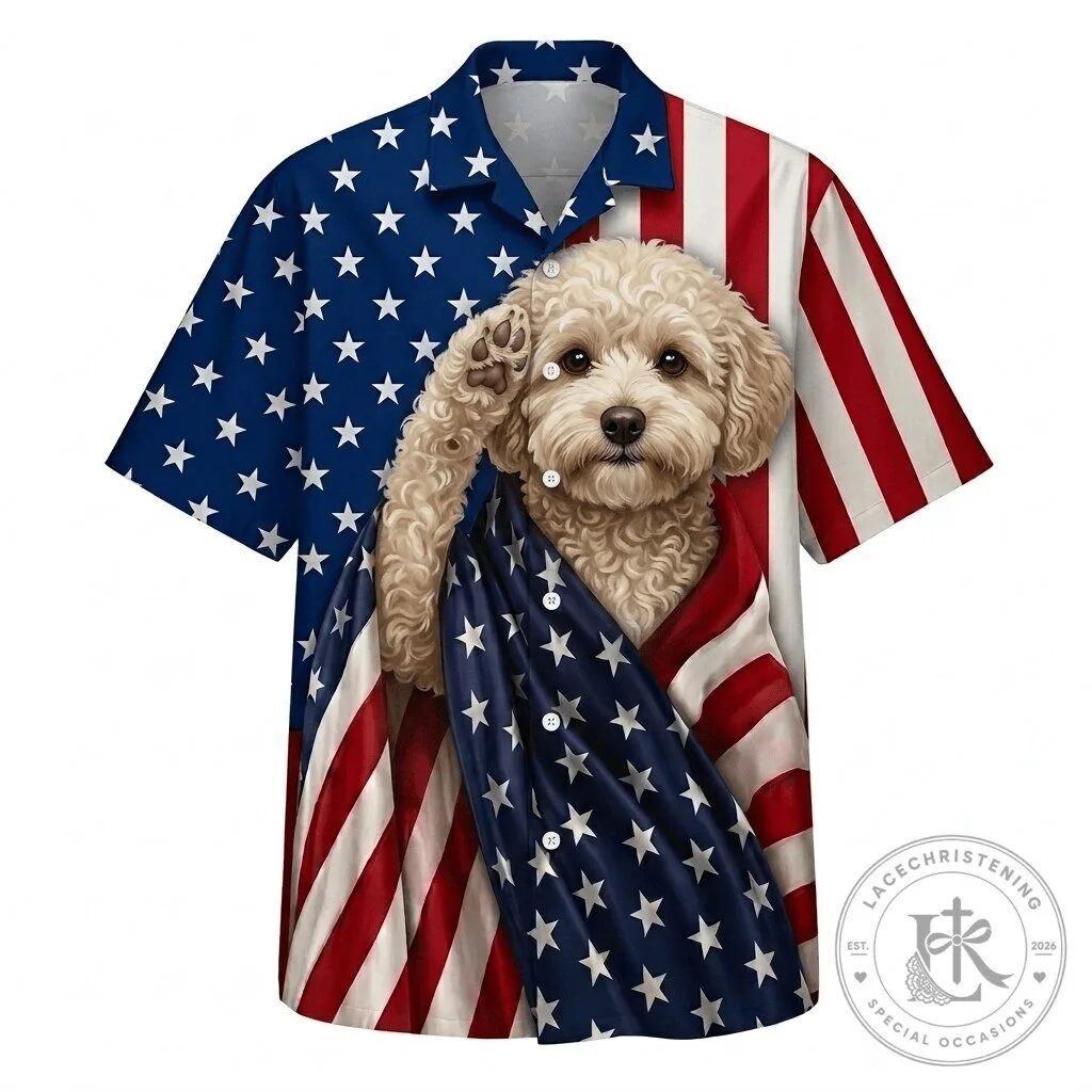 Patriotic Hawaiian Shirt Featuring Maltipoo Dog with American Flag Design