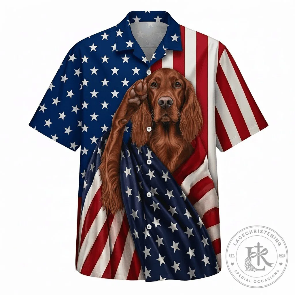 Irish Setter Dog Patriotic American Flag Print Hawaiian Shirt