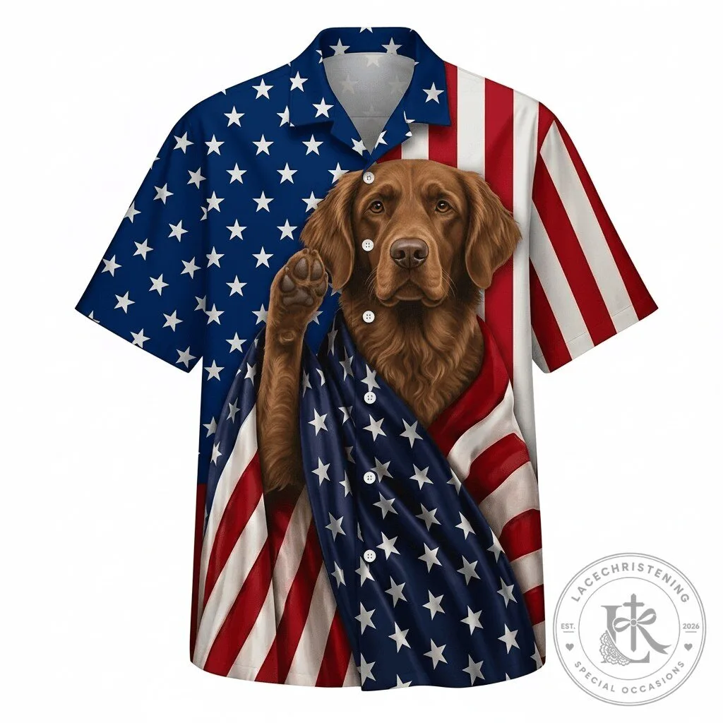 Hawaiian Shirt Featuring Chesapeake Bay Retriever and Patriotic American Flag Design