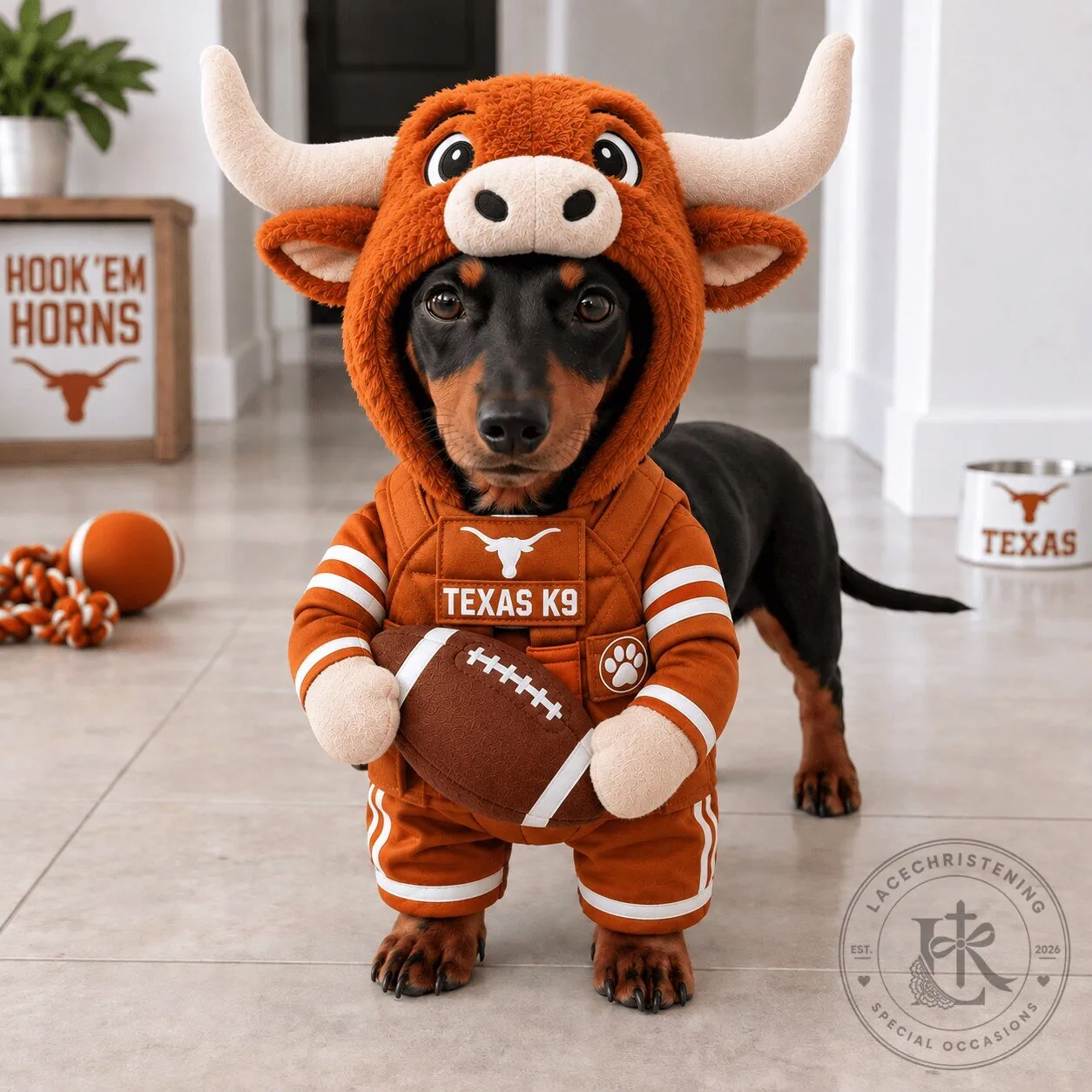 Texas Longhorns Football Dog Costume Pet Apparel with Hook 'Em Horns Design