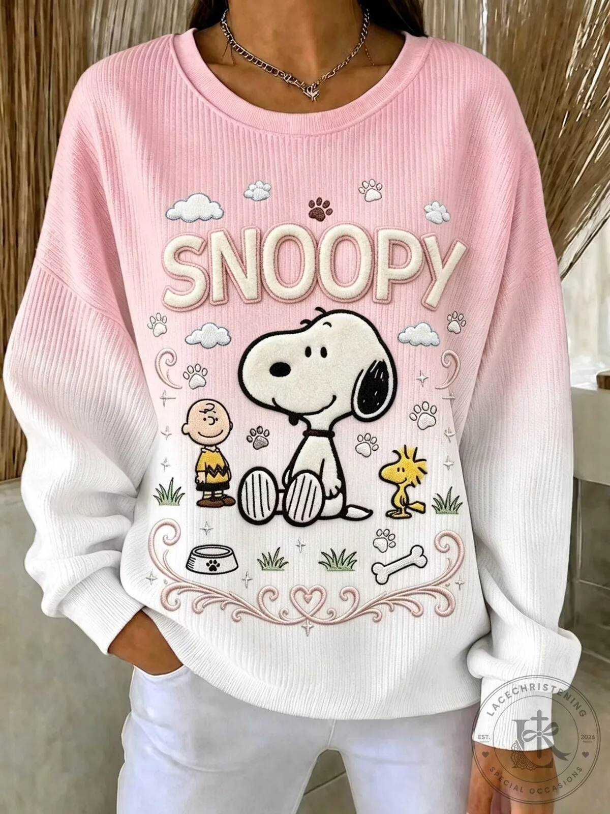 Snoopy Peanuts Cartoon Character Pink White Ombre Crewneck Sweatshirt