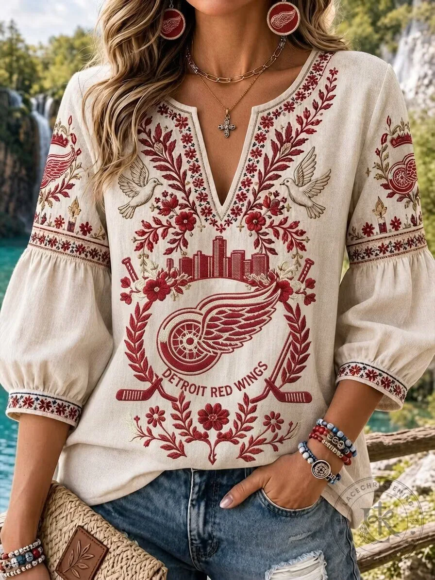 Detroit Red Wings Embroidered Floral V-Neck Long Sleeve Top