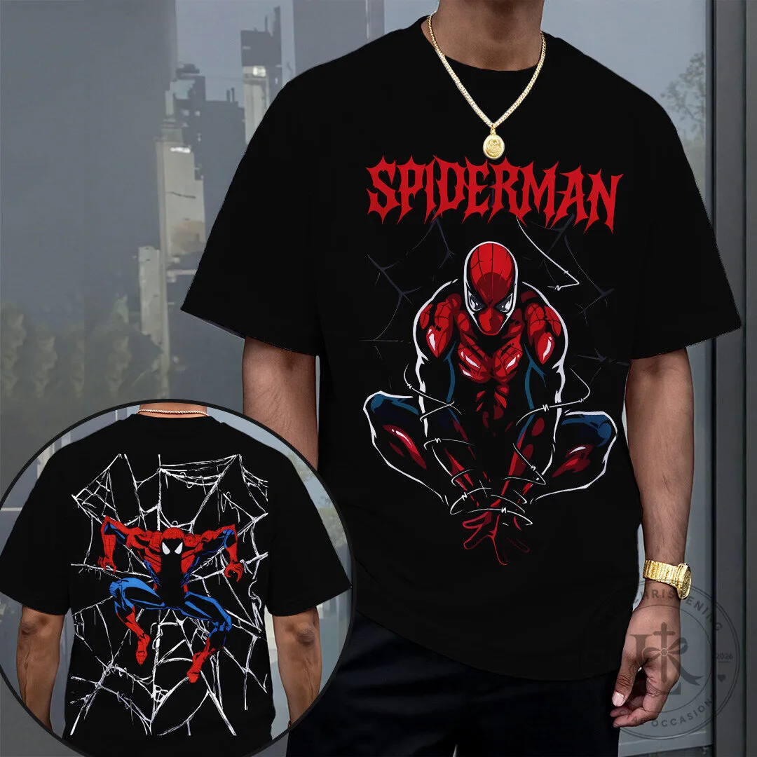 Spider-Man Crawling on Web Black Graphic T-Shirt