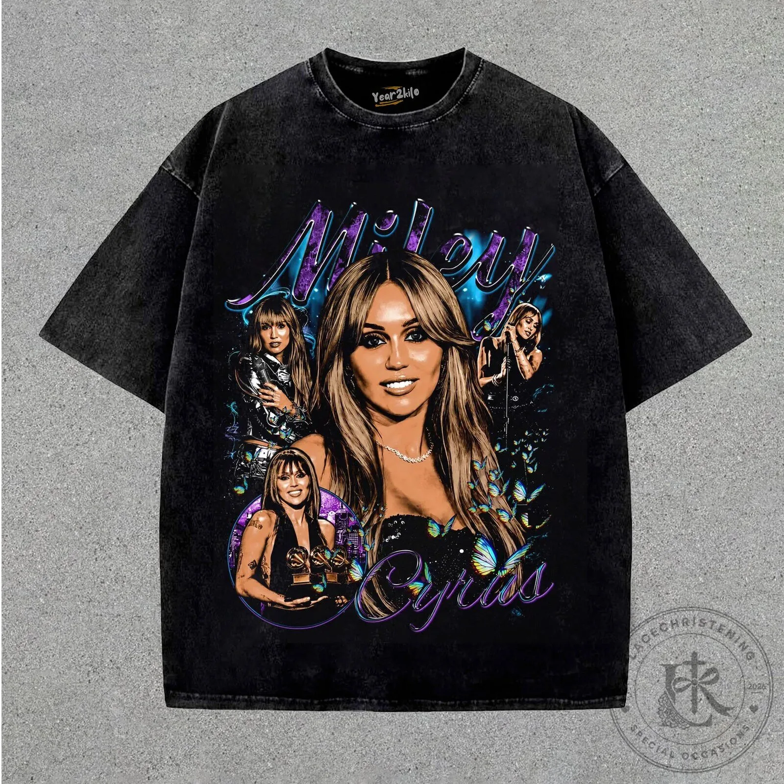 Miley Cyrus Vintage Style Black Graphic Washed Cotton Oversized T-Shirt