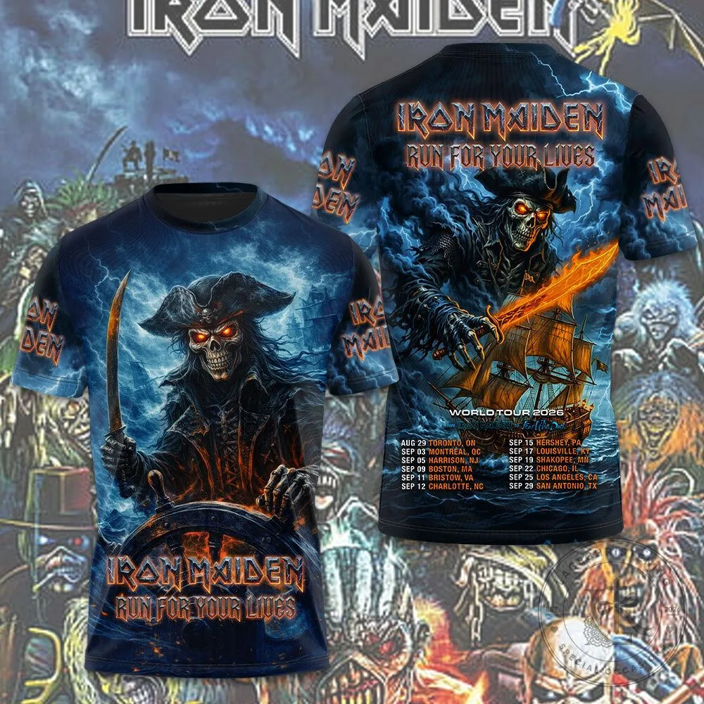 Skull Pirate Graphic Tee for Iron Maiden's 2026 Run For Your Lives World Tour