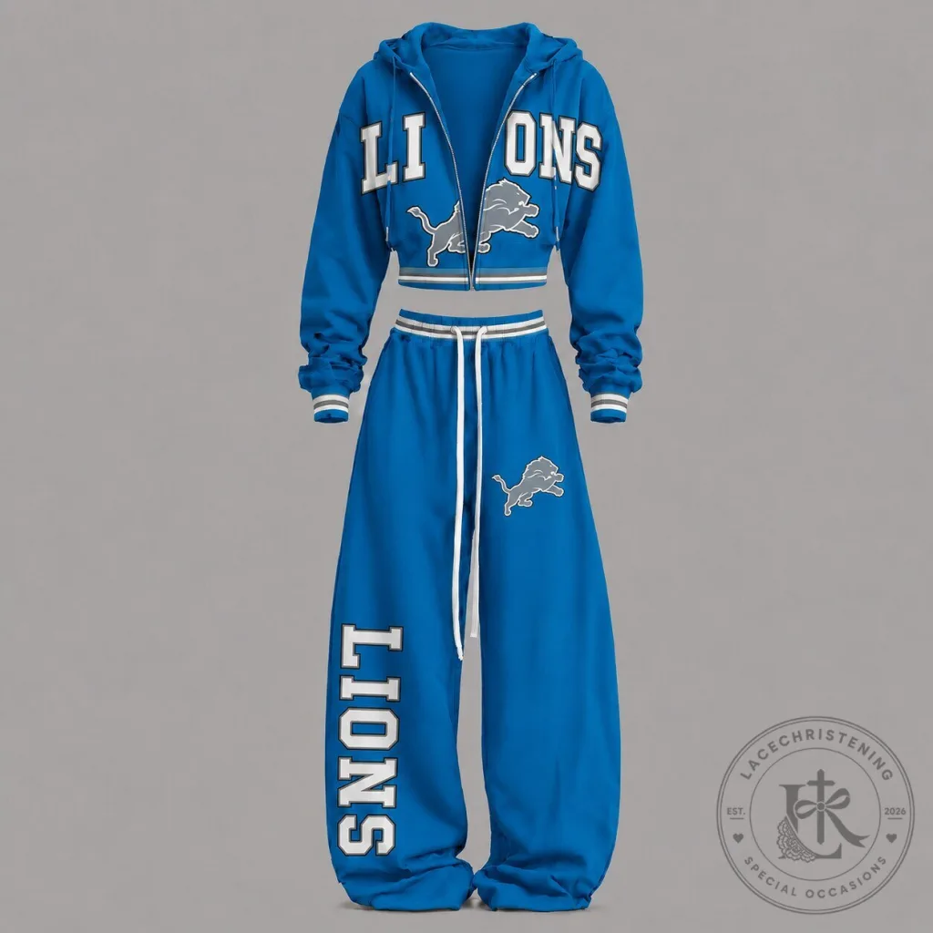 Detroit Lions Women's Blue Cropped Hoodie and Sweatpants Set Detroit Lions Women's Blue Cropped Hoodie and Sweatpants Set
