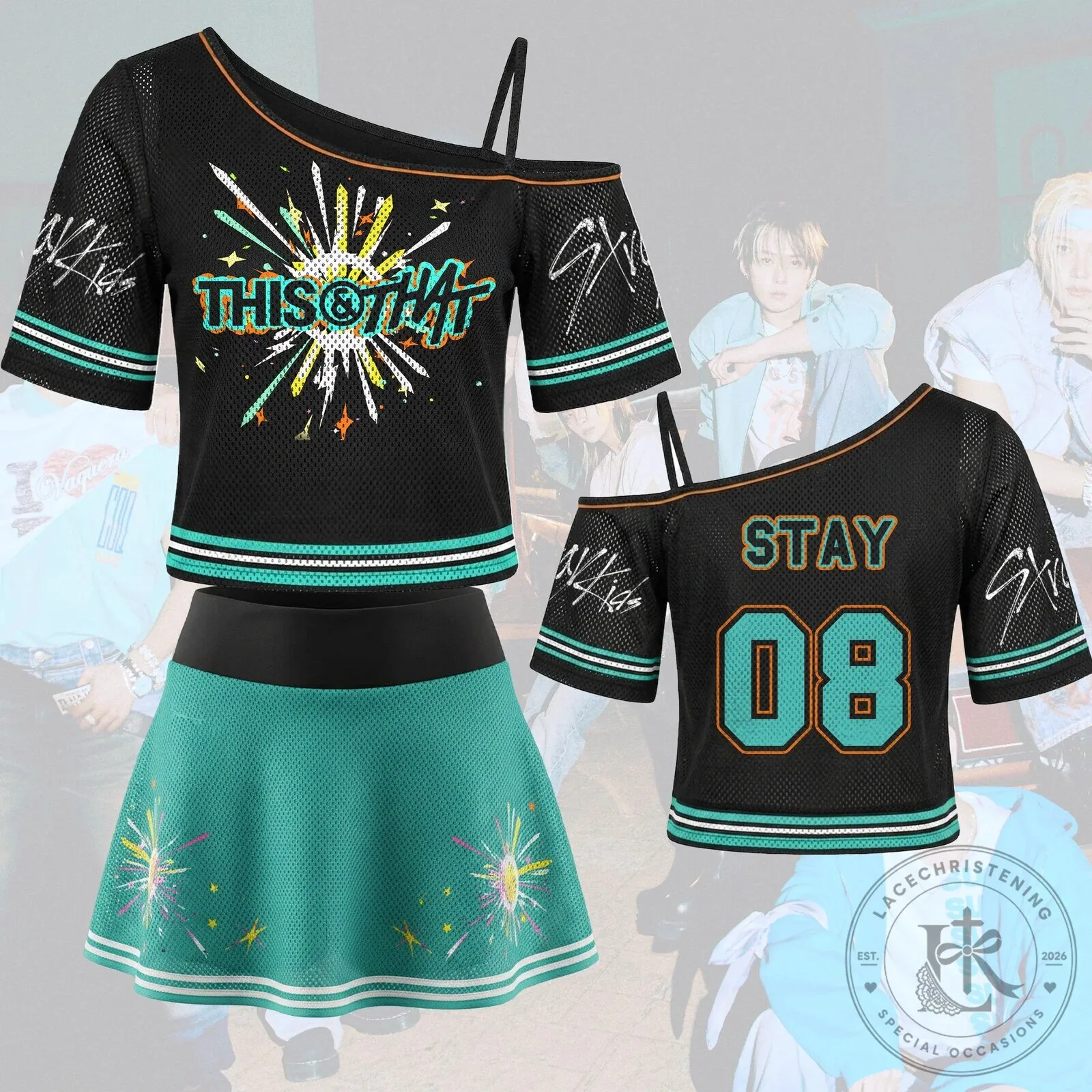 Stray Kids This And That Album Off Shoulder Mesh Top and Skirt Set