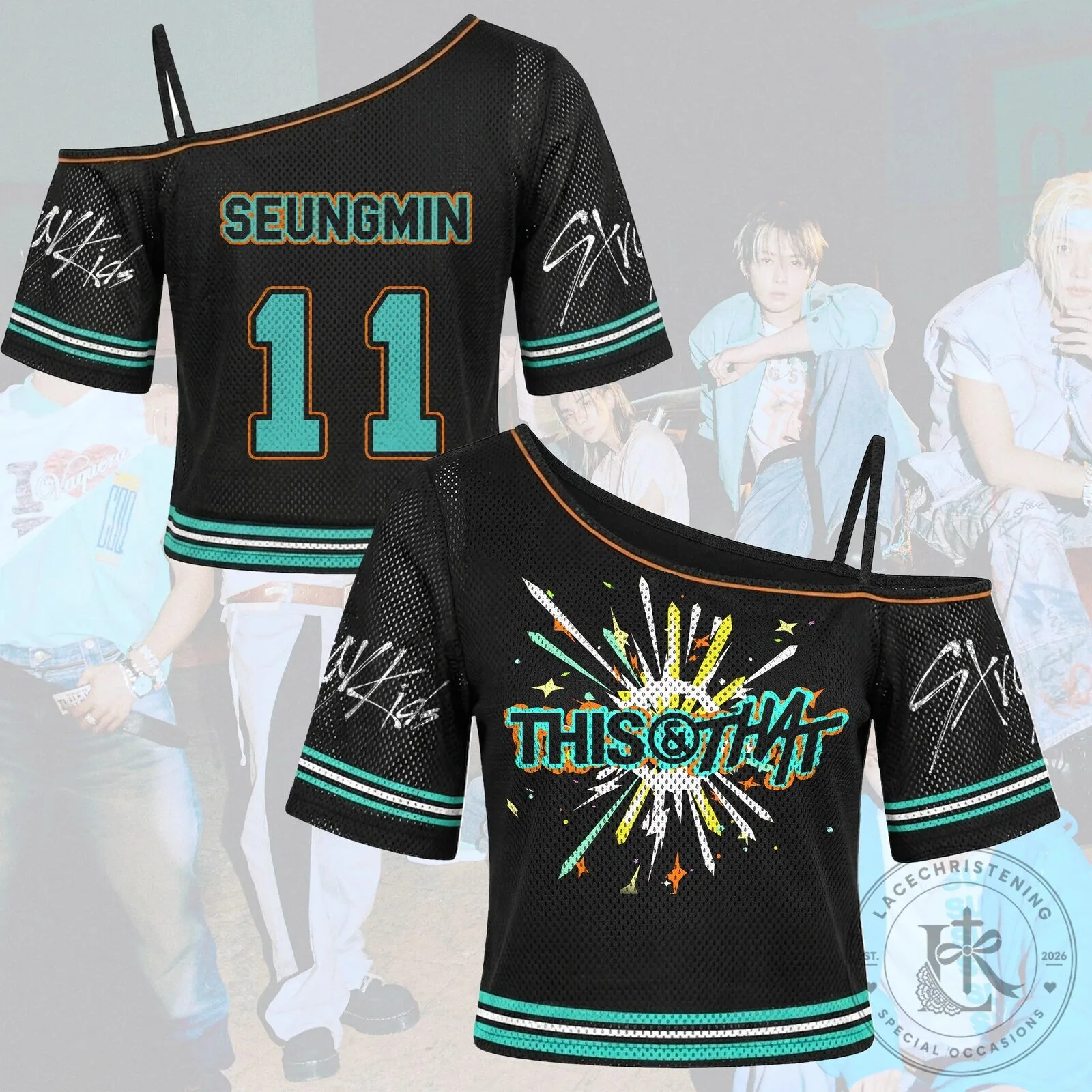 Stray Kids This And That Album Off Shoulder Mesh Top and Skirt Set