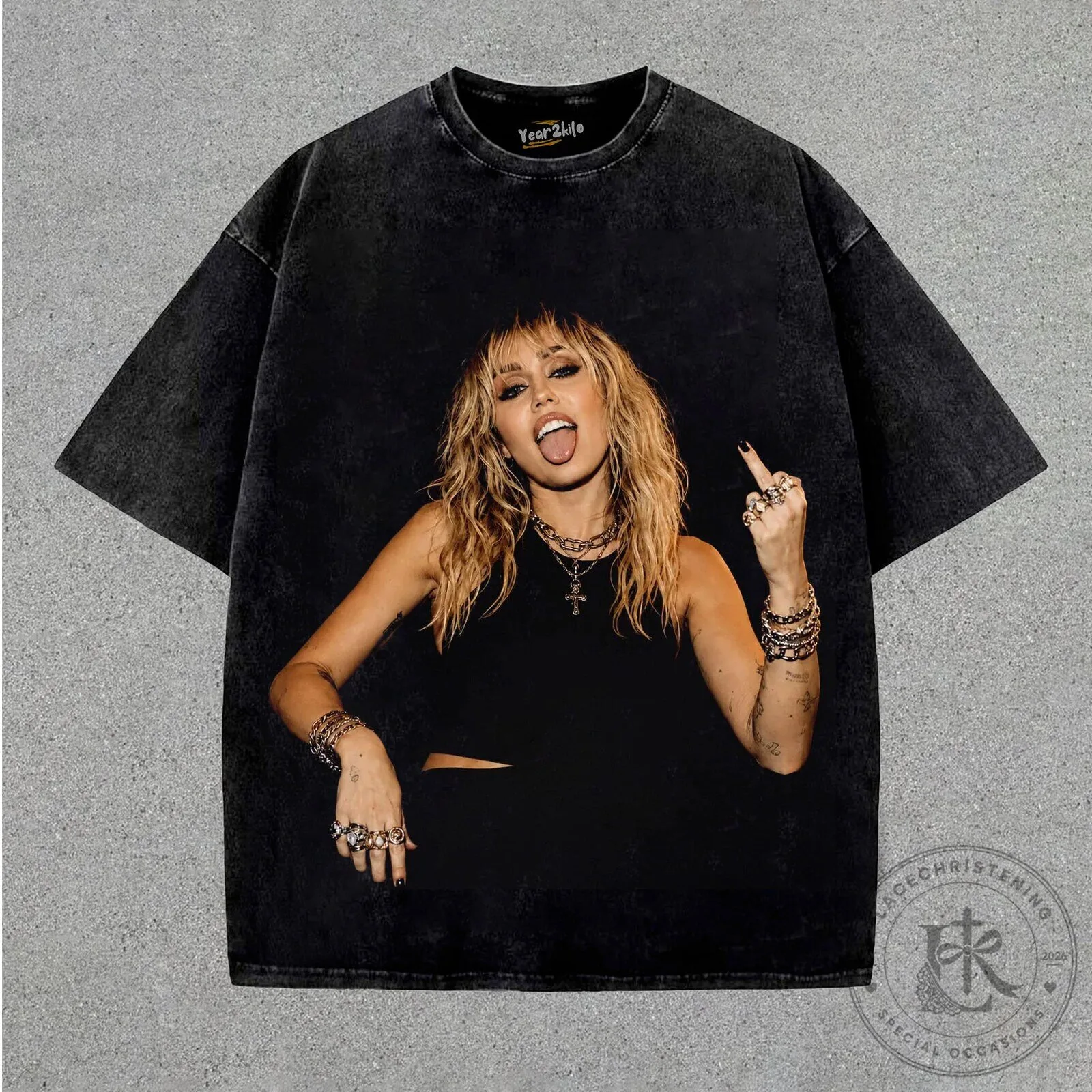 Vintage Black Graphic T-Shirt featuring Miley Cyrus in a Middle Finger Pose
