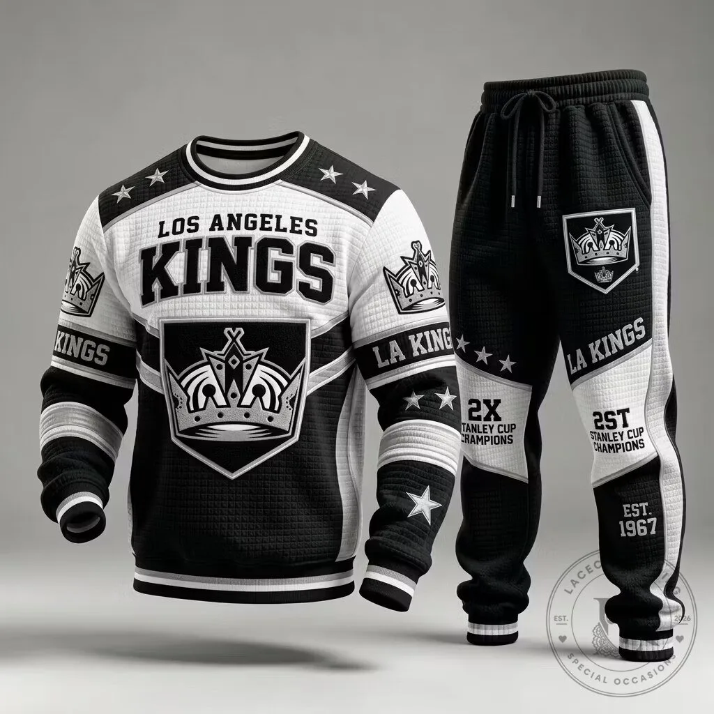 Los Angeles Kings Premium Cotton-Blend Sweatsuit Set – -Style Crewneck Pullover & Jogger Pants with Embroidered Crown , 2X Stanley Cup Champions Design, Breathable Comfort Fit