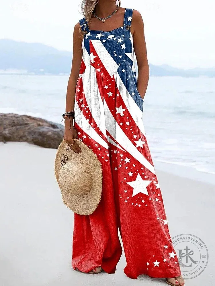 American Flag Stars and Stripes Patriotic Women's Loose Fit Jumpsuit