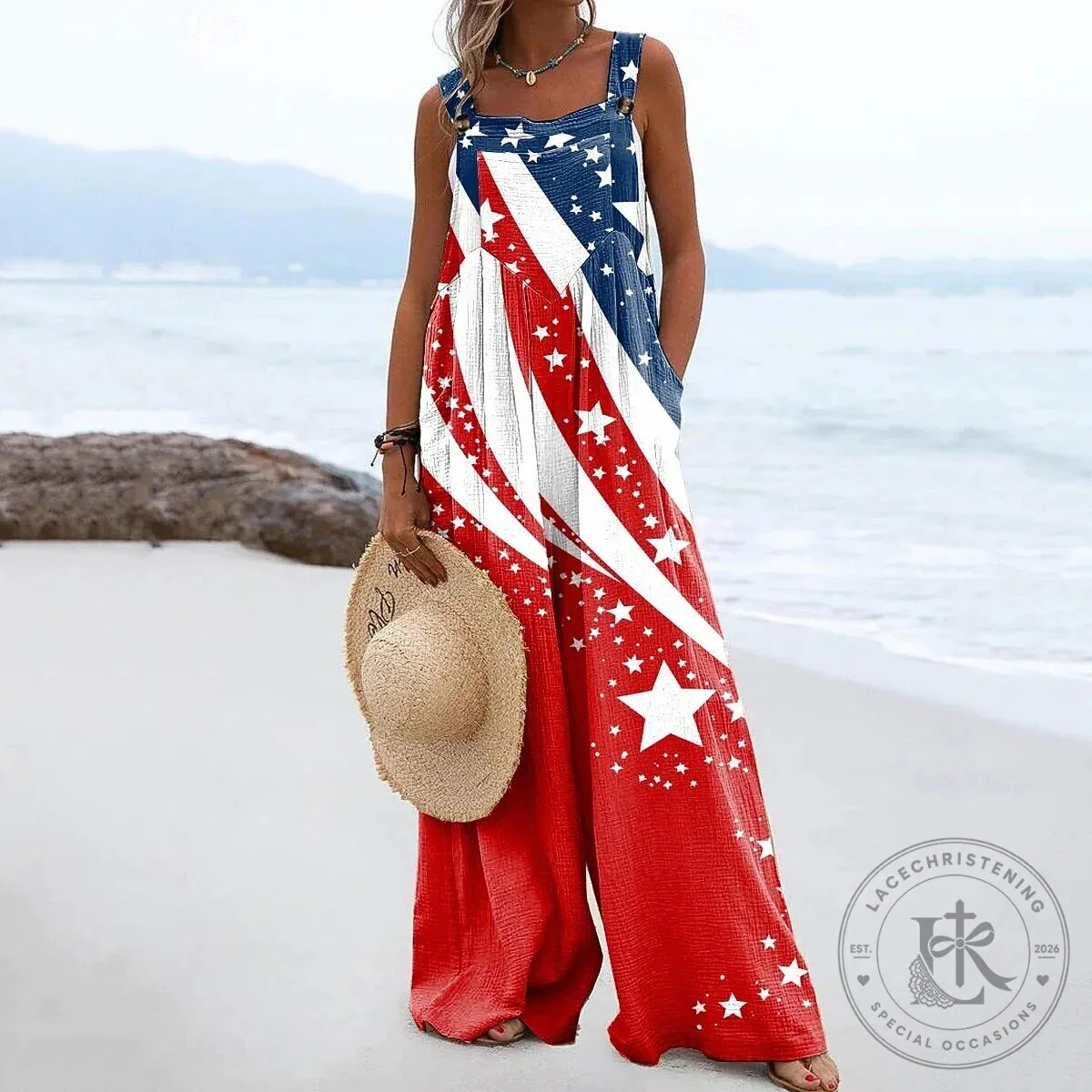 American Flag Stars and Stripes Patriotic Women's Loose Fit Jumpsuit 7 American Flag Stars and Stripes Patriotic Women
