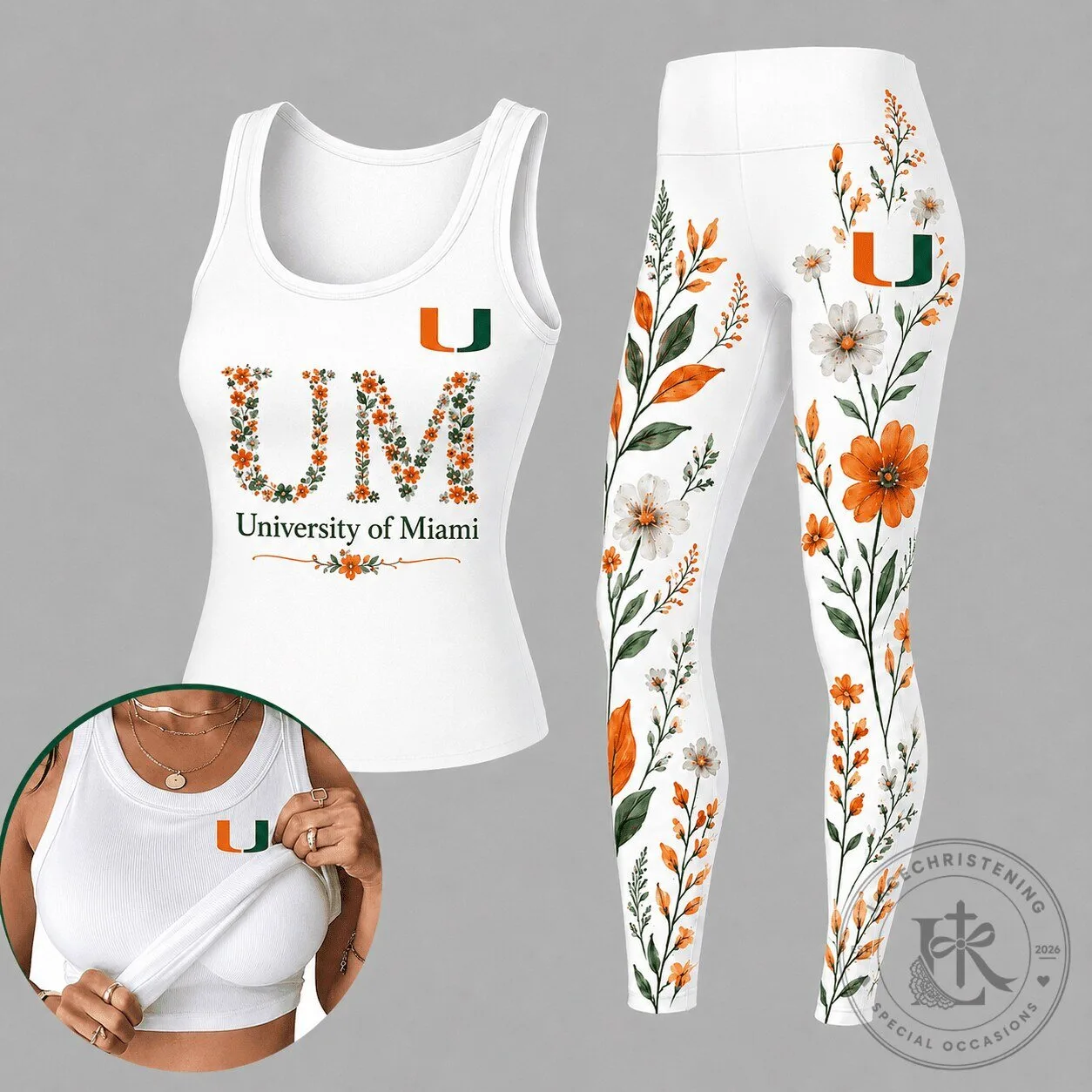 University of Miami Hurricanes Floral Pattern White Tank Top and Leggings Set 2 University of Miami Hurricanes Floral Pattern White Tank Top and Leggings Set
