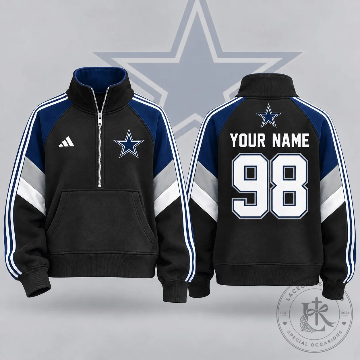 Dallas Cowboys NFL Team Crest Custom Name Number Half Zip Pullover Sweatshirt