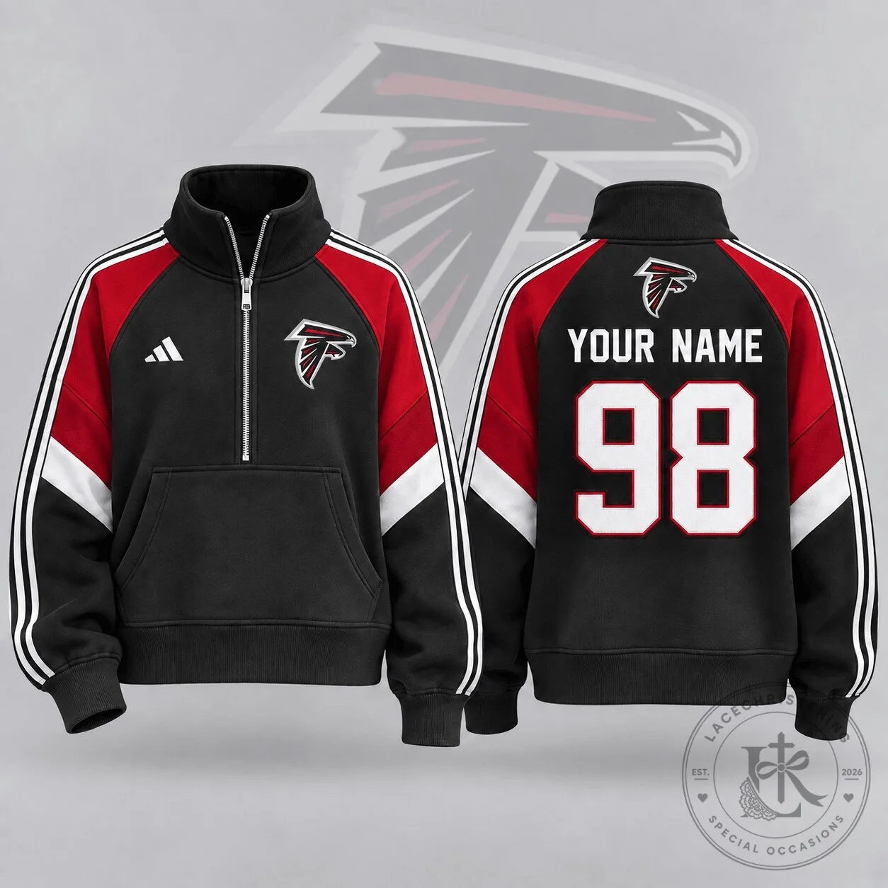 Atlanta Falcons NFL Team Crest Custom Name Number Half Zip Pullover Sweatshirt