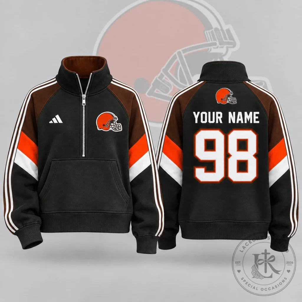 Cleveland Browns Football Team Crest Custom Name Number Half Zip Pullover Sweatshirt Cleveland Browns Football Team Crest Custom Name Number Half Zip Pullover Sweatshirt