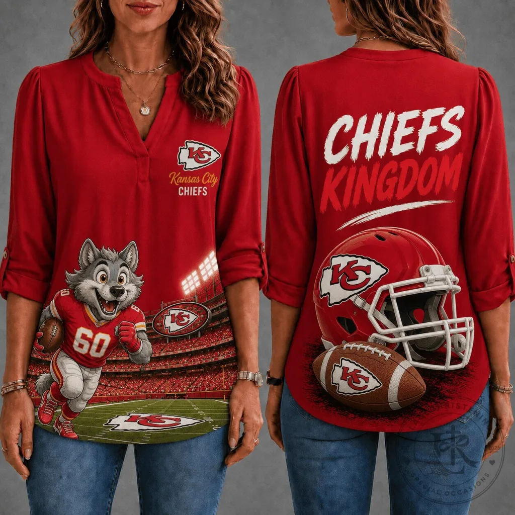 Kansas City Chiefs Football Team Red Long Sleeve V-Neck Shirt for Women Kansas City Chiefs Football Team Red Long Sleeve V-Neck Shirt for Women