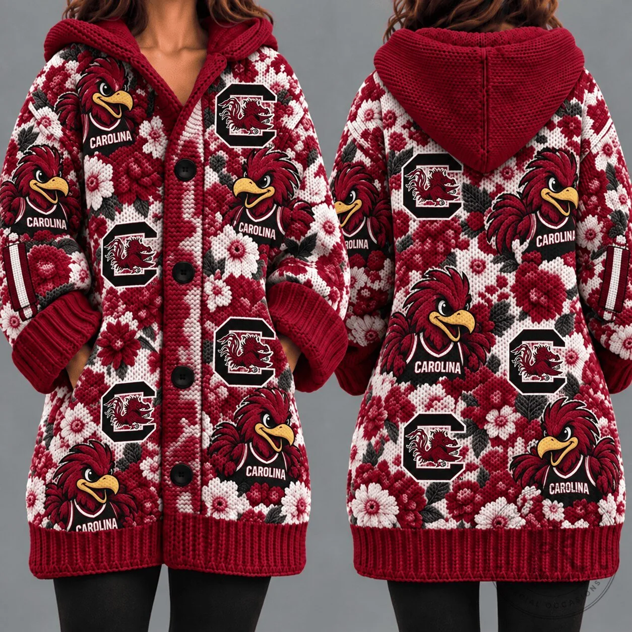 South Carolina Gamecocks Floral Button Up Knit Cardigan Hoodie