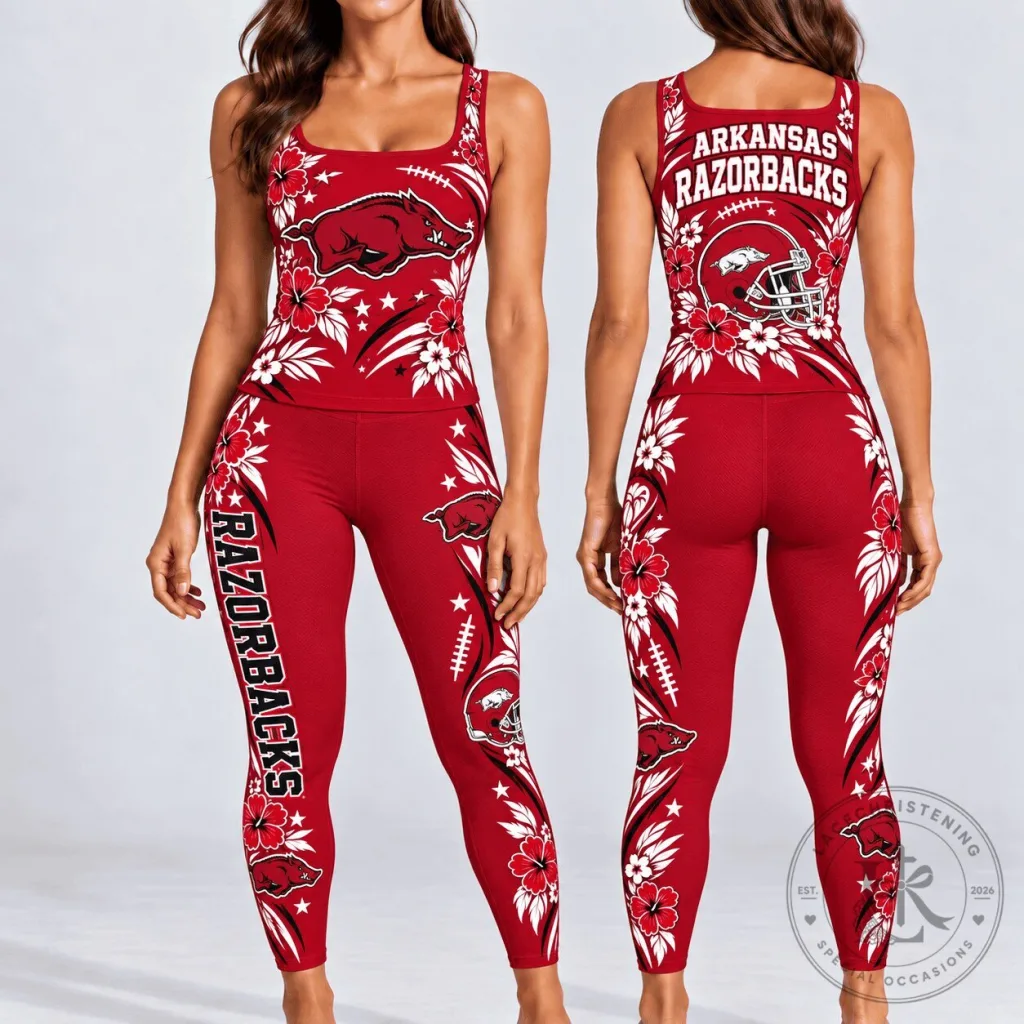 Arkansas Razorbacks Football Team Floral Pattern Women's Yoga Leggings and Tank Top Set Arkansas Razorbacks Football Team Floral Pattern Women's Yoga Leggings and Tank Top Set
