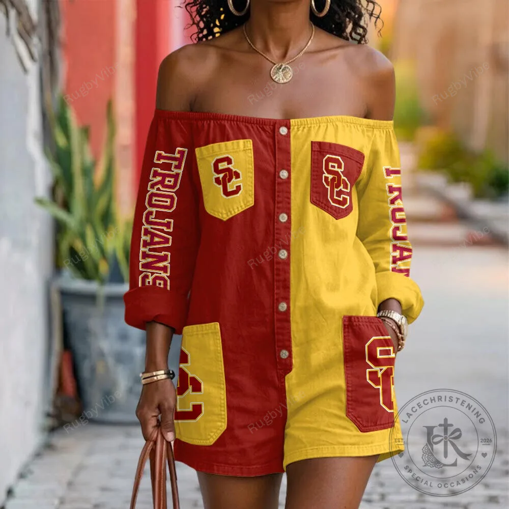 USC Trojans Off-Shoulder Denim Romper