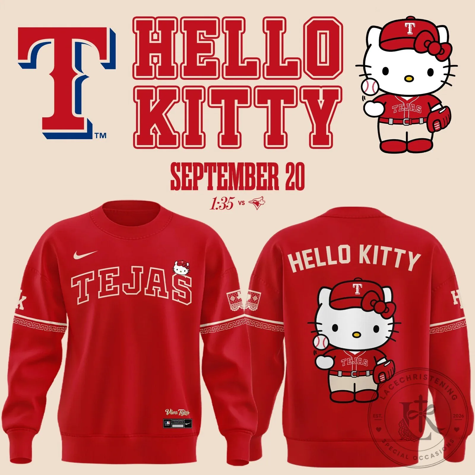 Hello Kitty Texas Rangers Baseball Tejas City Connect Red Sweatshirt