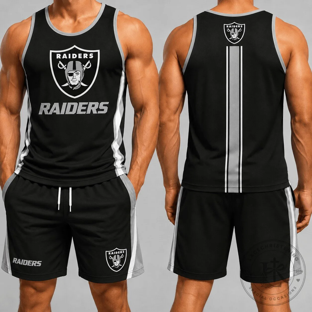 Las Vegas Raiders NFL Football Team Black and Gray Athletic Tank Top and Shorts Set