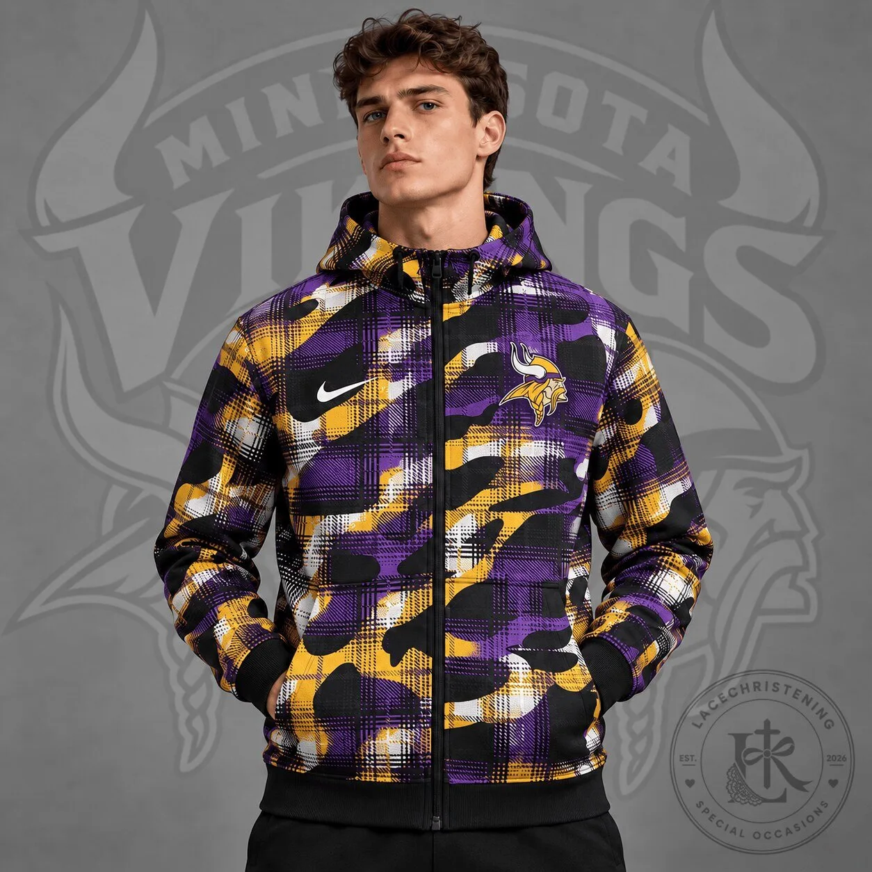 Minnesota Vikings Plaid Camouflage Full Zip Hooded Jacket