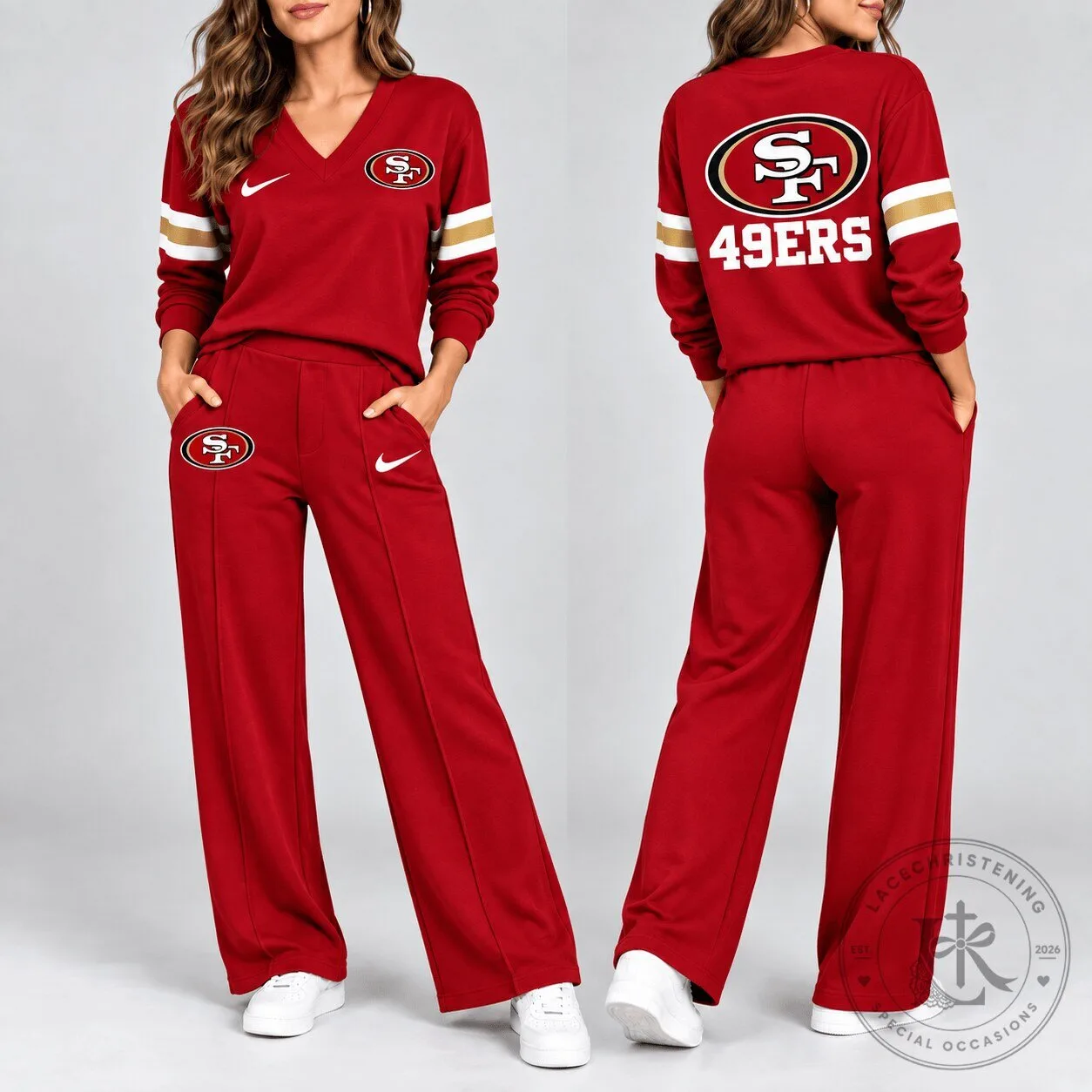 San Francisco 49ers Women's Red V-Neck Long Sleeve Shirt and Pants Lounge Set