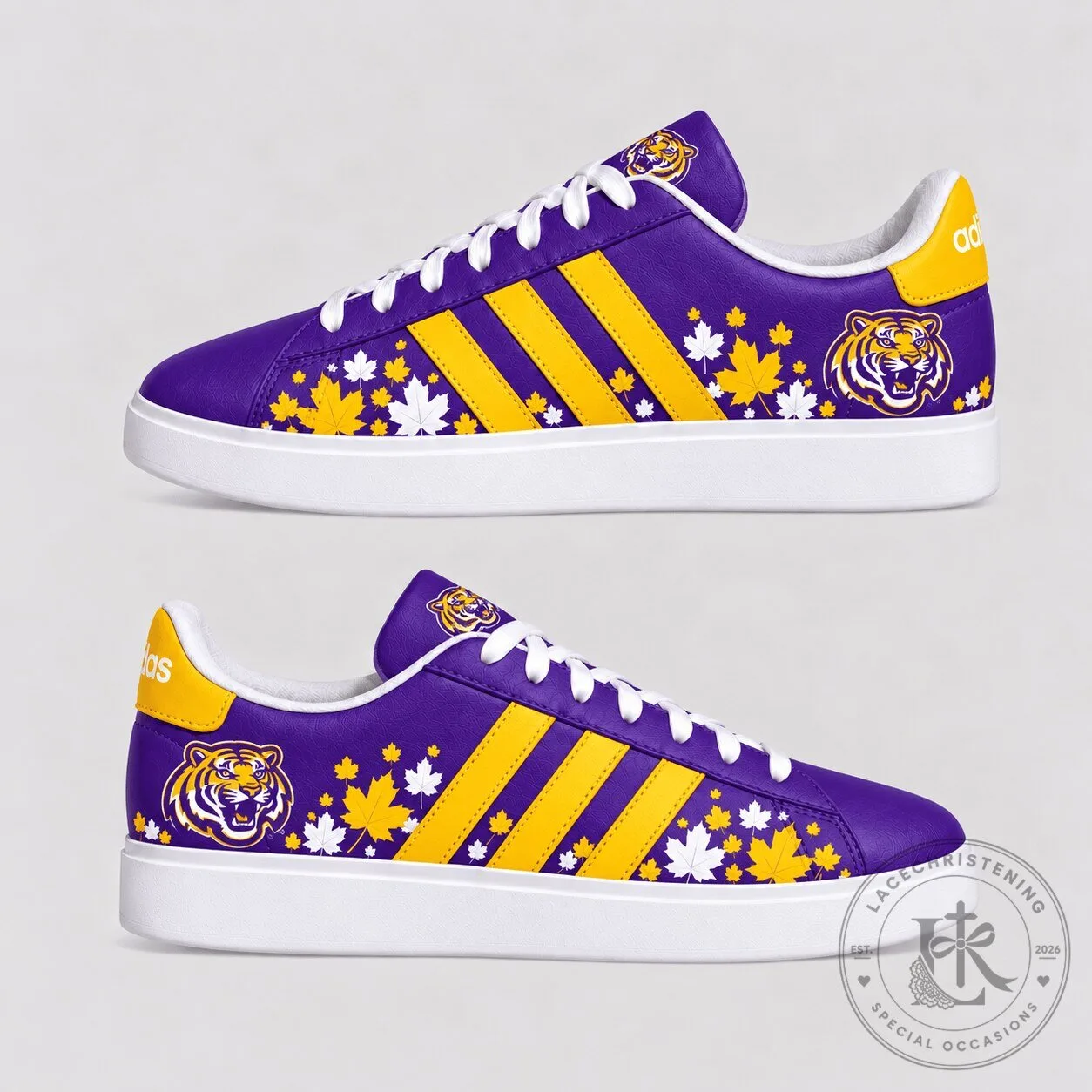 Louisiana State University Tigers Purple and Gold Maple Leaf Autumn Sneakers