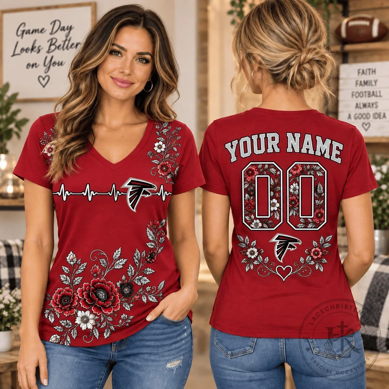 Atlanta Falcons Personalized Floral V-Neck T-Shirt for Women 1D Fan Shirt