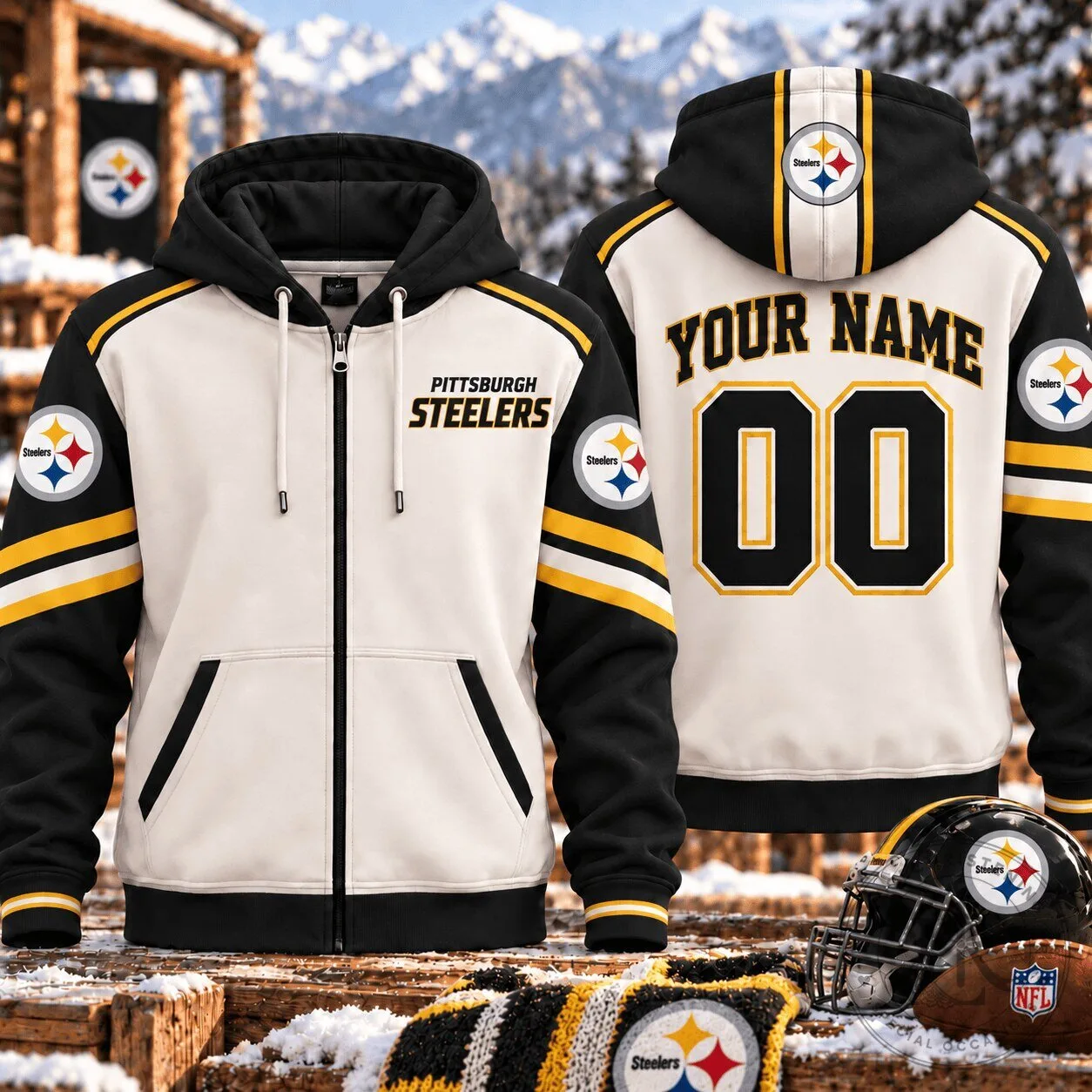 Pittsburgh Steelers Custom Name and Number White Full-Zip Hoodie