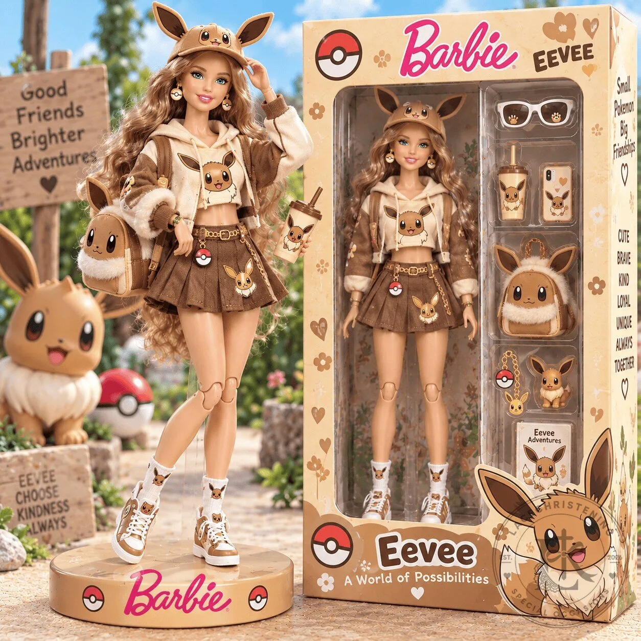 Barbie Eevee Pokemon Collectible Doll with Accessories and Display Stand 2 Barbie Eevee Pokemon Collectible Doll with Accessories and Display Stand