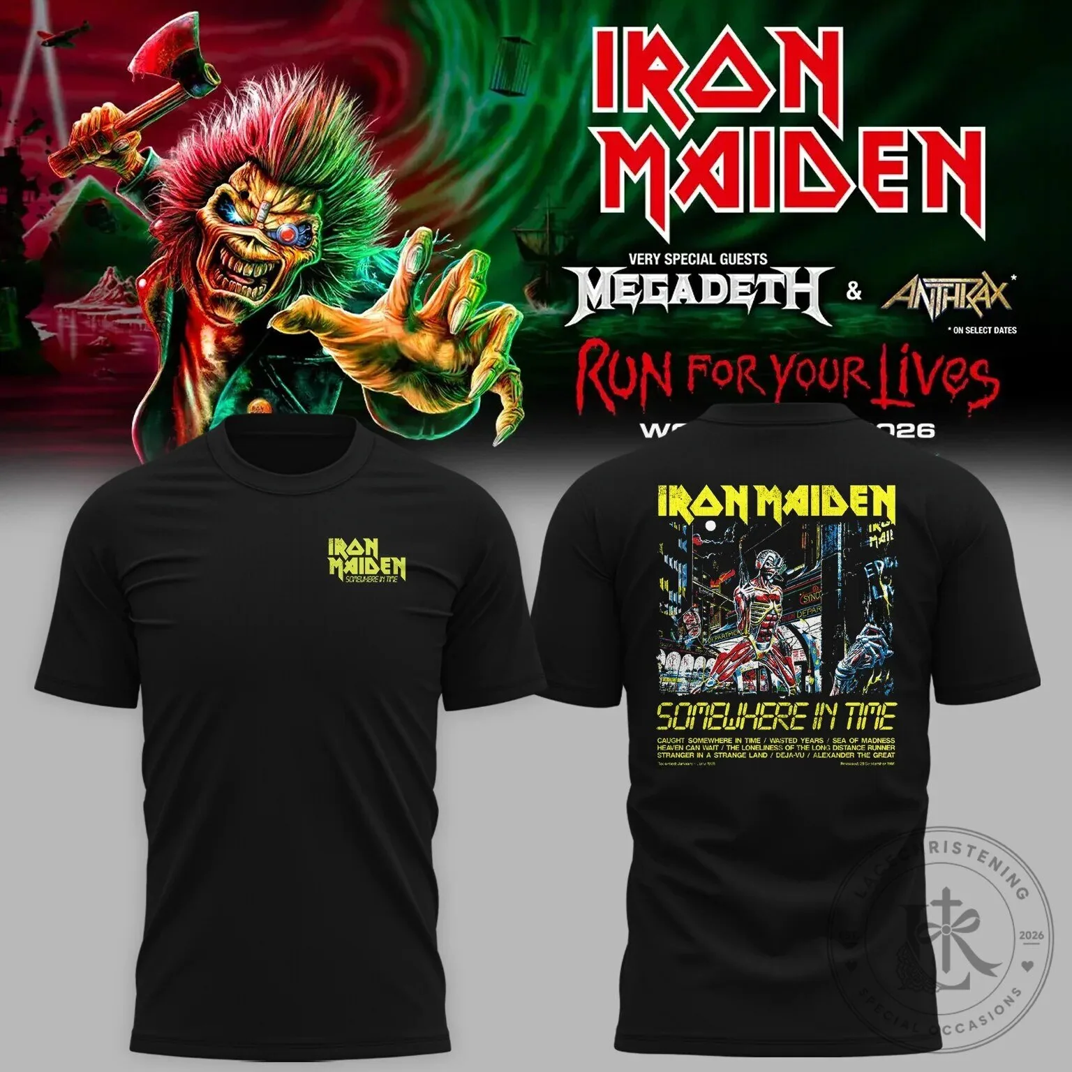 Iron Maiden Somewhere In Time Album Art Megadeth Anthrax Tour Black T-Shirt