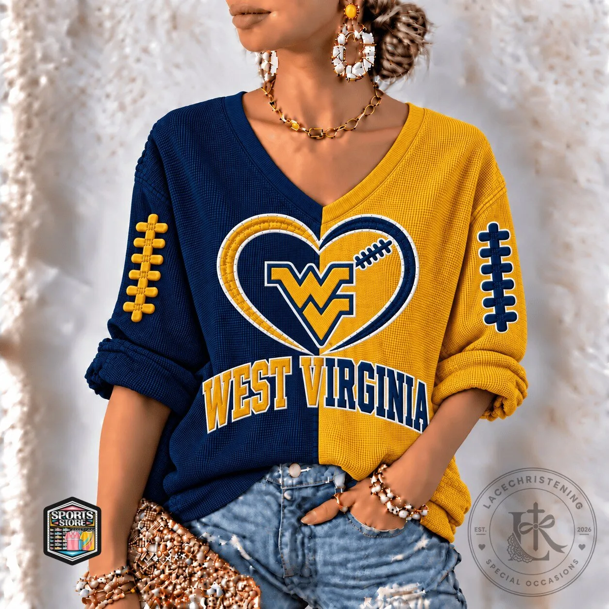 West Virginia Mountaineers Football Heart Logo Split Color V-Neck Long Sleeve Shirt