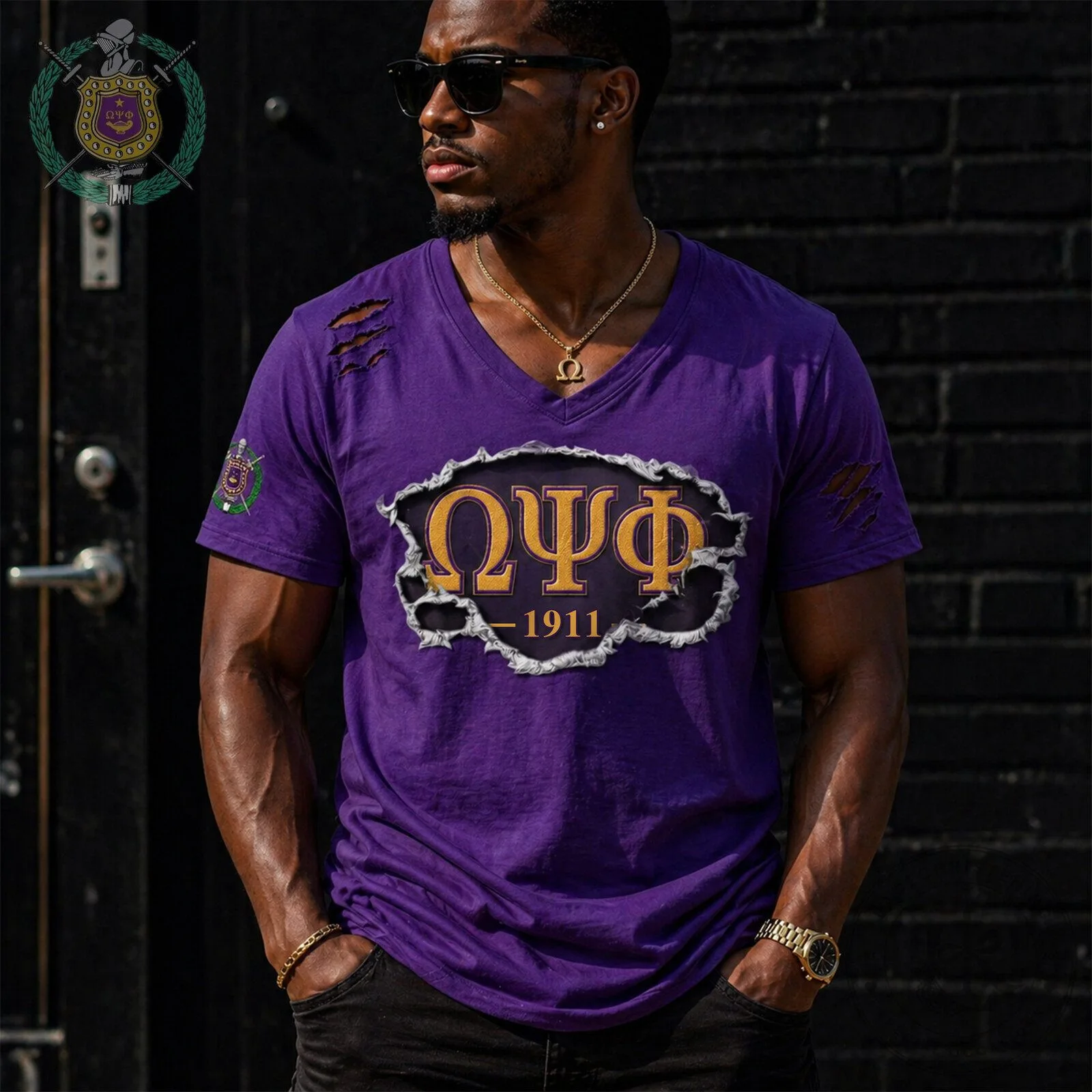Omega Psi Phi Fraternity Distressed Purple V-Neck Short Sleeve T-Shirt