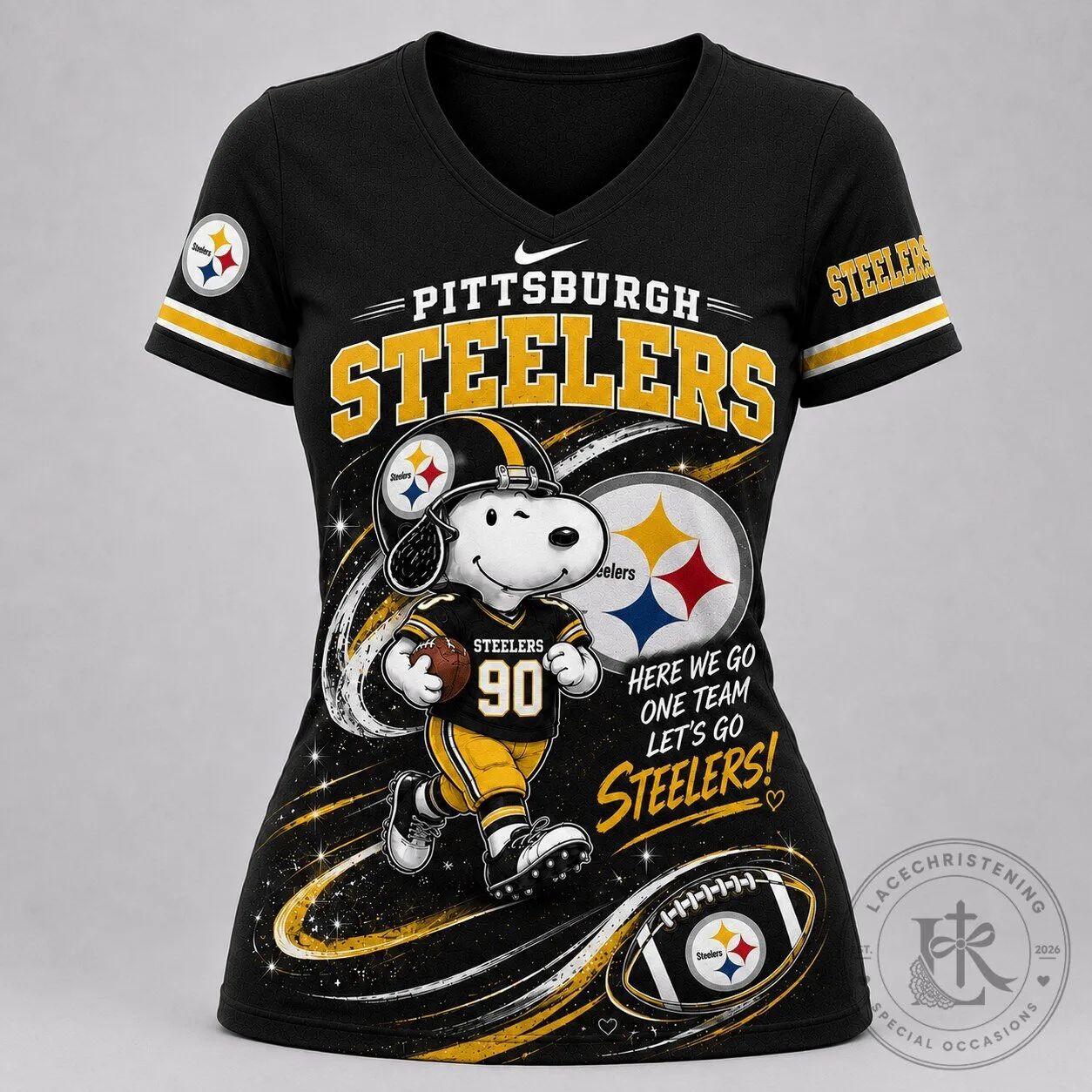Pittsburgh Steelers Football Snoopy Fan Graphic V-Neck T-Shirt