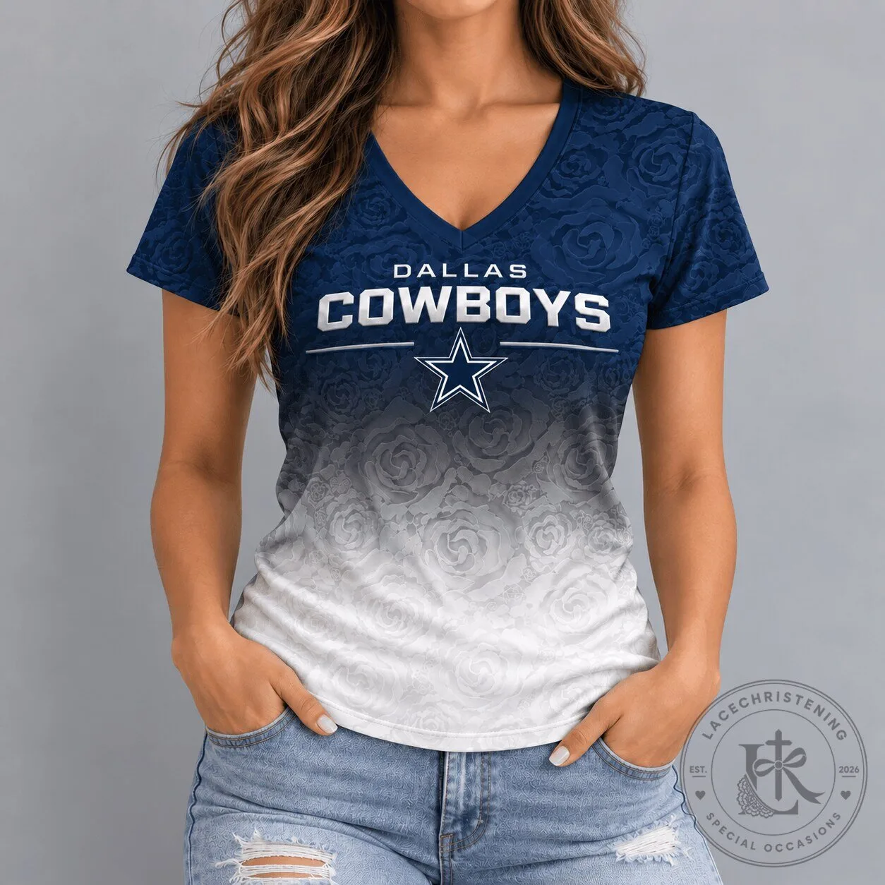 Dallas Cowboys Rose Ombre Gradient Women's V-Neck T-Shirt