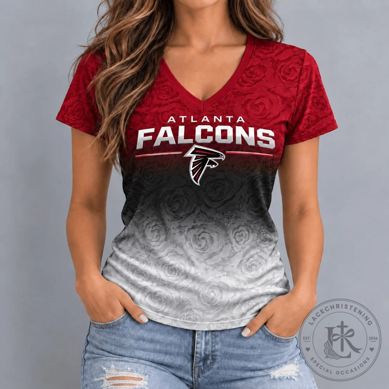 Atlanta Falcons National Football League Rose Ombre Women's V-Neck T-Shirt