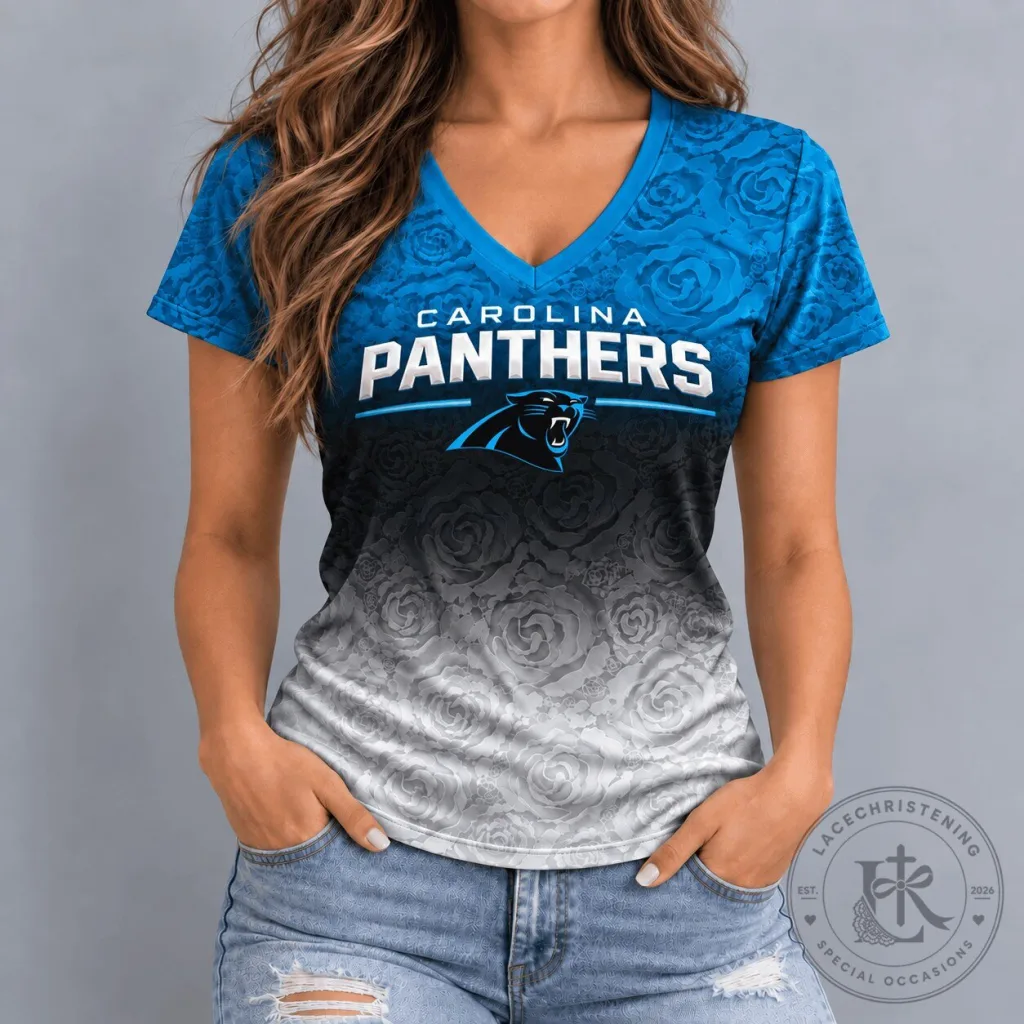 Carolina Panthers Women's Blue Rose Ombre V-Neck T-Shirt Carolina Panthers Women's Blue Rose Ombre V-Neck T-Shirt