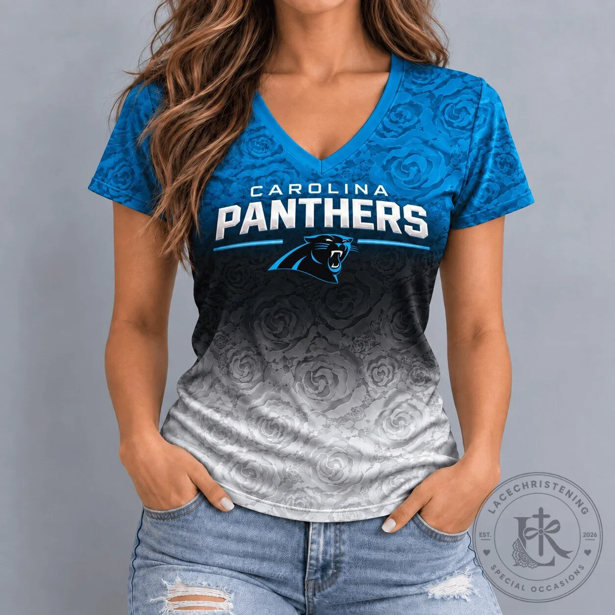 Carolina Panthers Women's Blue Rose Ombre V-Neck T-Shirt