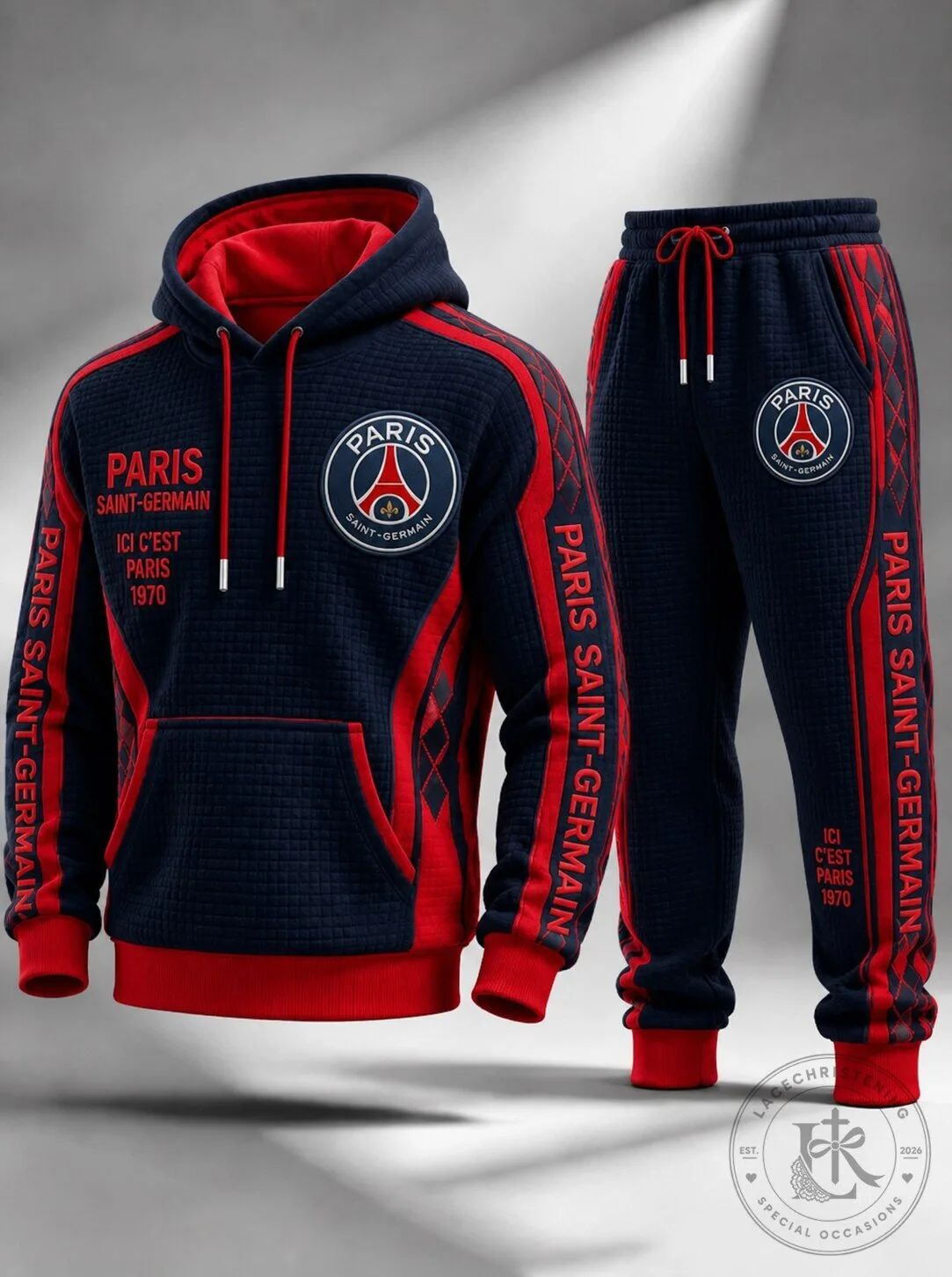 Paris Saint-Germain Football Club Navy Red Waffle Textured Hoodie and Sweatpants Set
